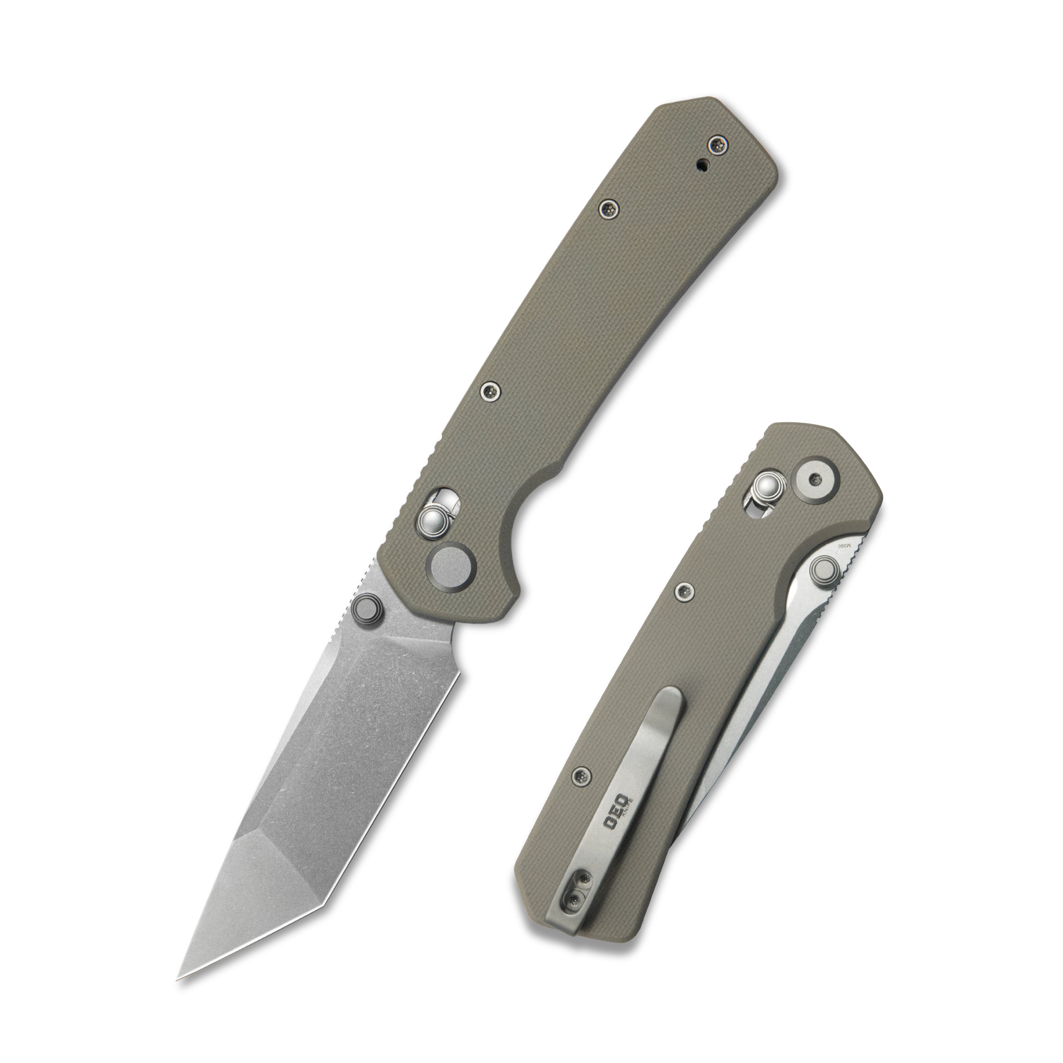 GEO Knife Blaze Crossbar lock Folding Knife Khaki G10 Handle 3.3" Stonewash Bohler M390 Blade GEO2503I