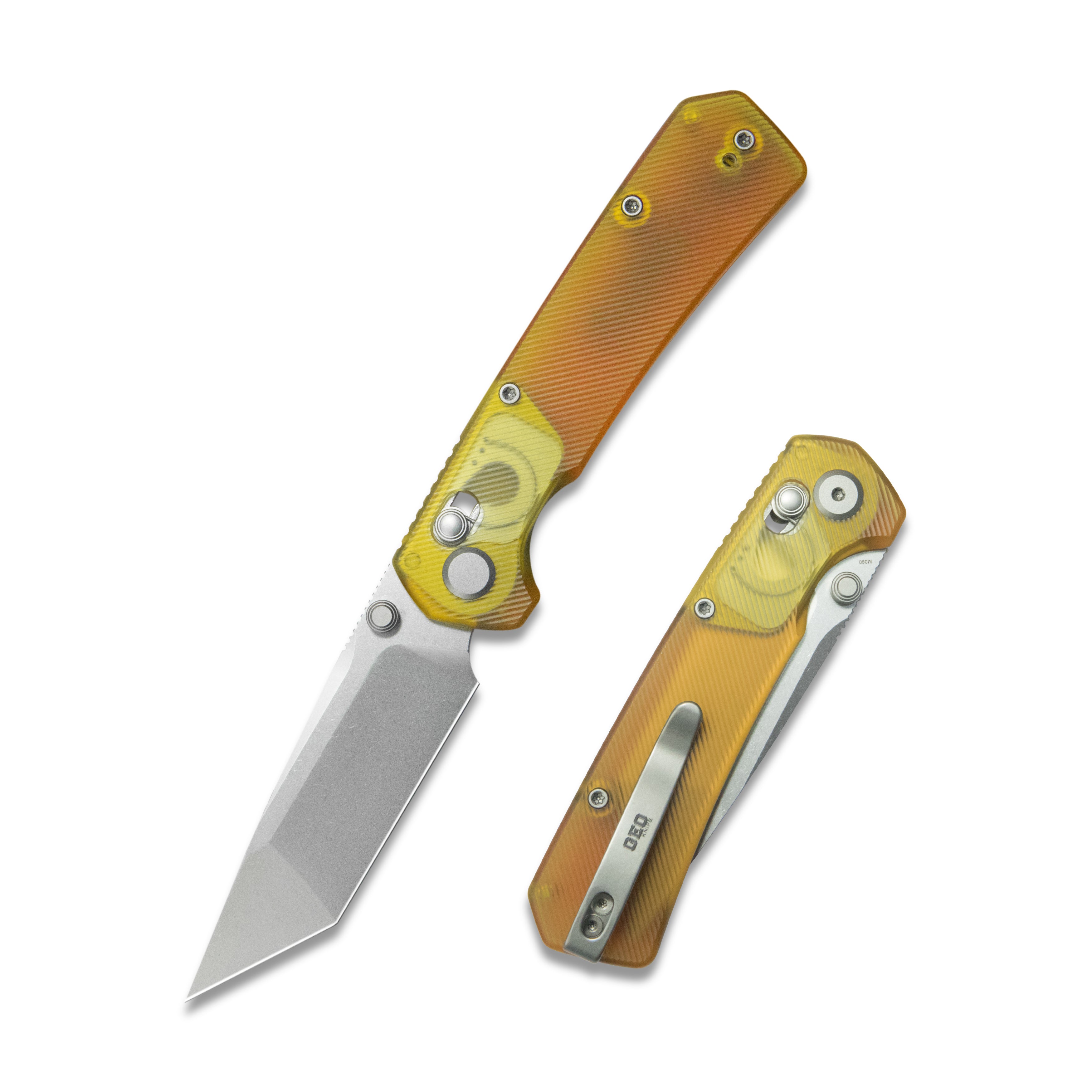 GEO Knife Blaze Crossbar lock Folding Knife Ultem Handle 3.3" Stonewash Bohler M390 Blade GEO2503J