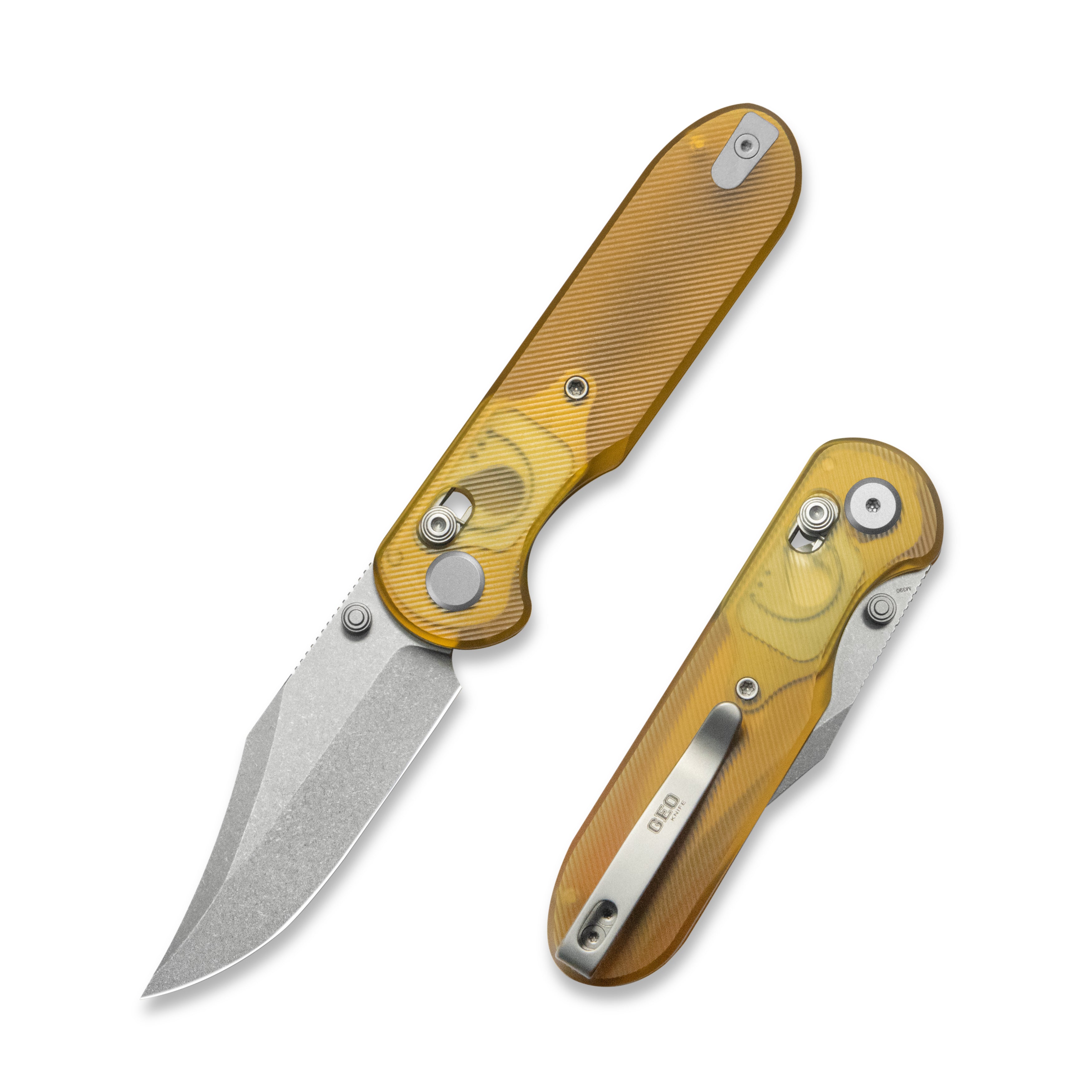 Geo knife Ethereal Cutter Axis lock Folding Knife Ultem Handle 3.03" Stonewash Bohler M390 Blade GEO2401E