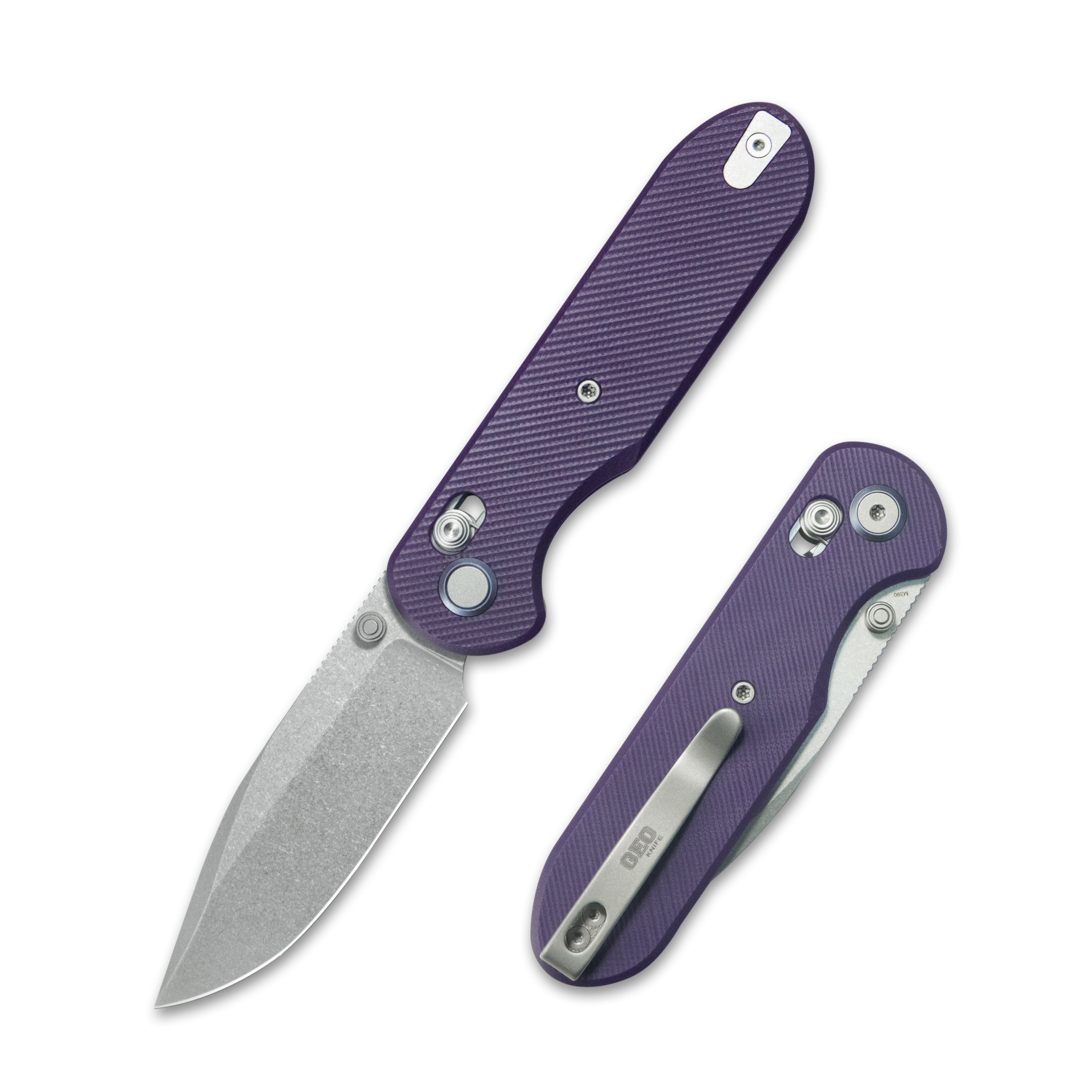 (Pre-order) : Geo knife Ethereal Cutter Axis lock Folding Knife Purple G10 Handle 3.0" Stonewash Bohler M390 Blade GEO2402L