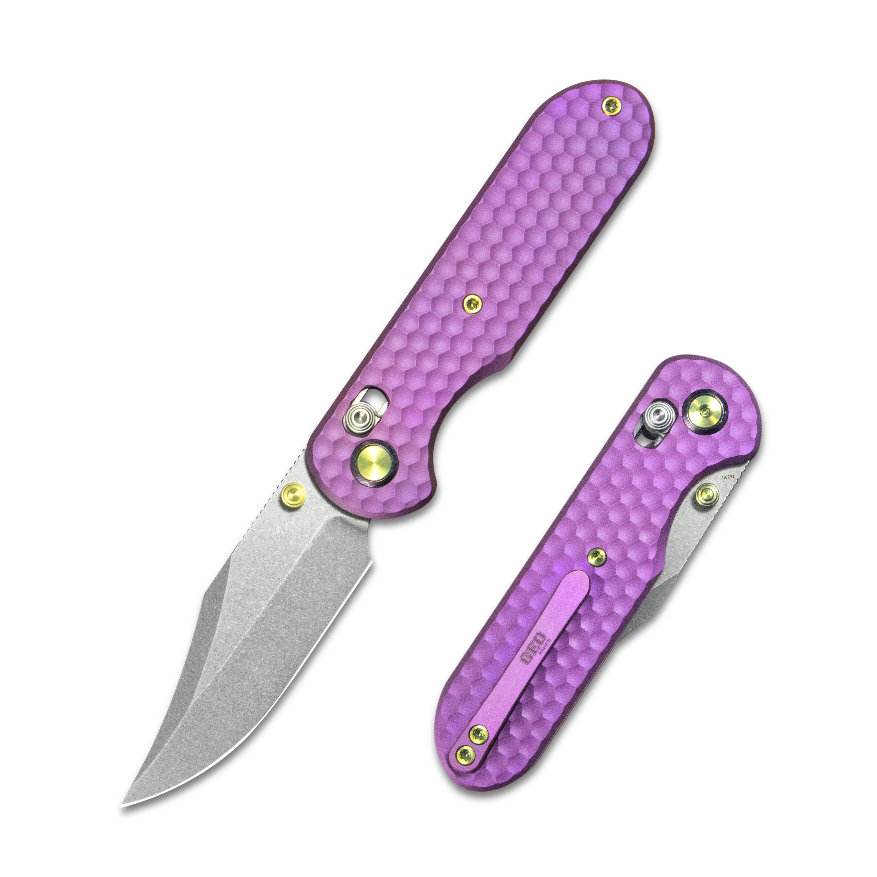 (Pre-order) : Geo knife Ethereal Cutter Axis lock Folding Knife Purple 6AL4V Titanium Handle 3.0" Stonewash Bohler M390 Blade GEO2401I