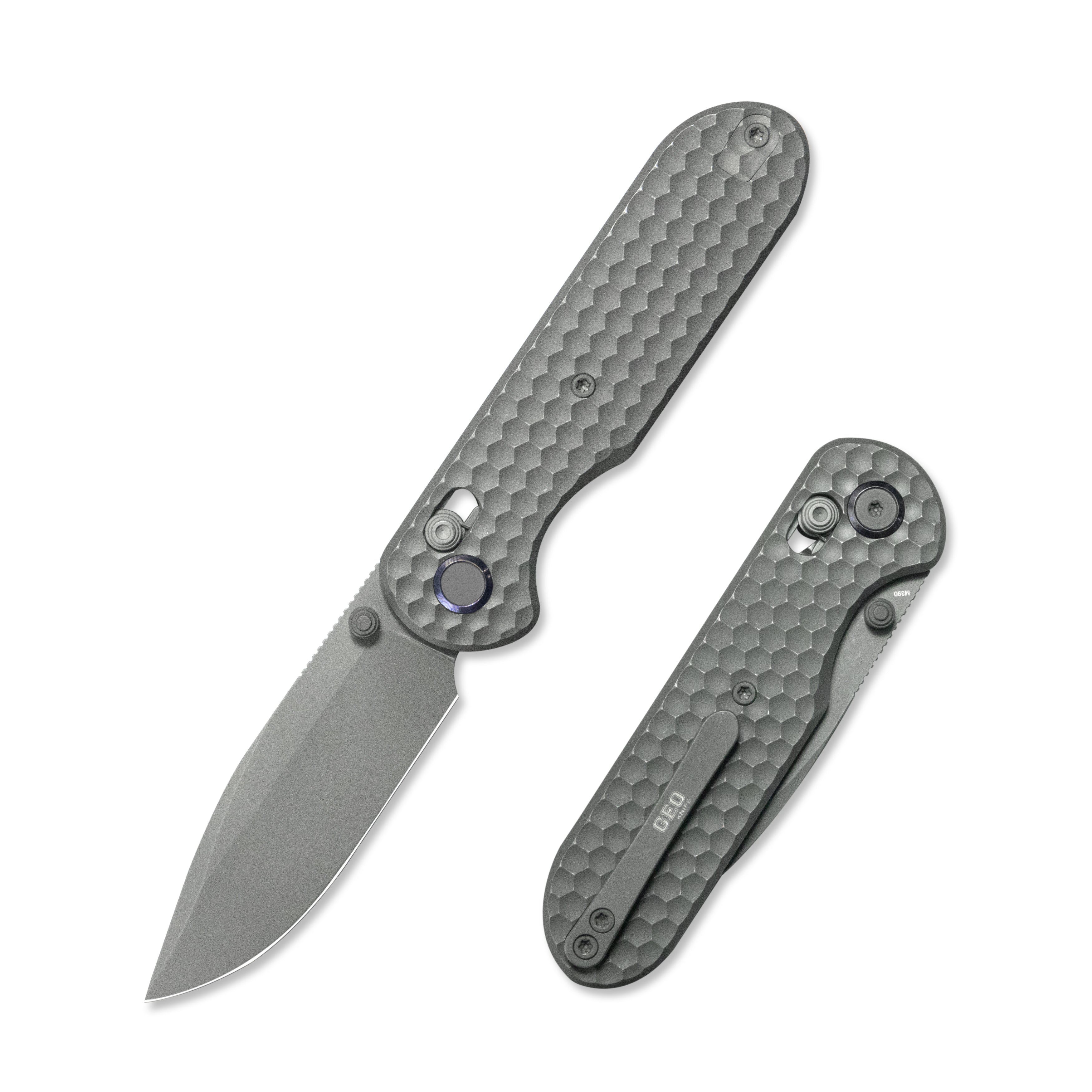 (Pre-order) : Geo knife Ethereal Cutter Axis lock Folding Knife Gray 6AL4V Titanium Handle 3.0" Darkwash Bohler M390 Blade GEO2402C