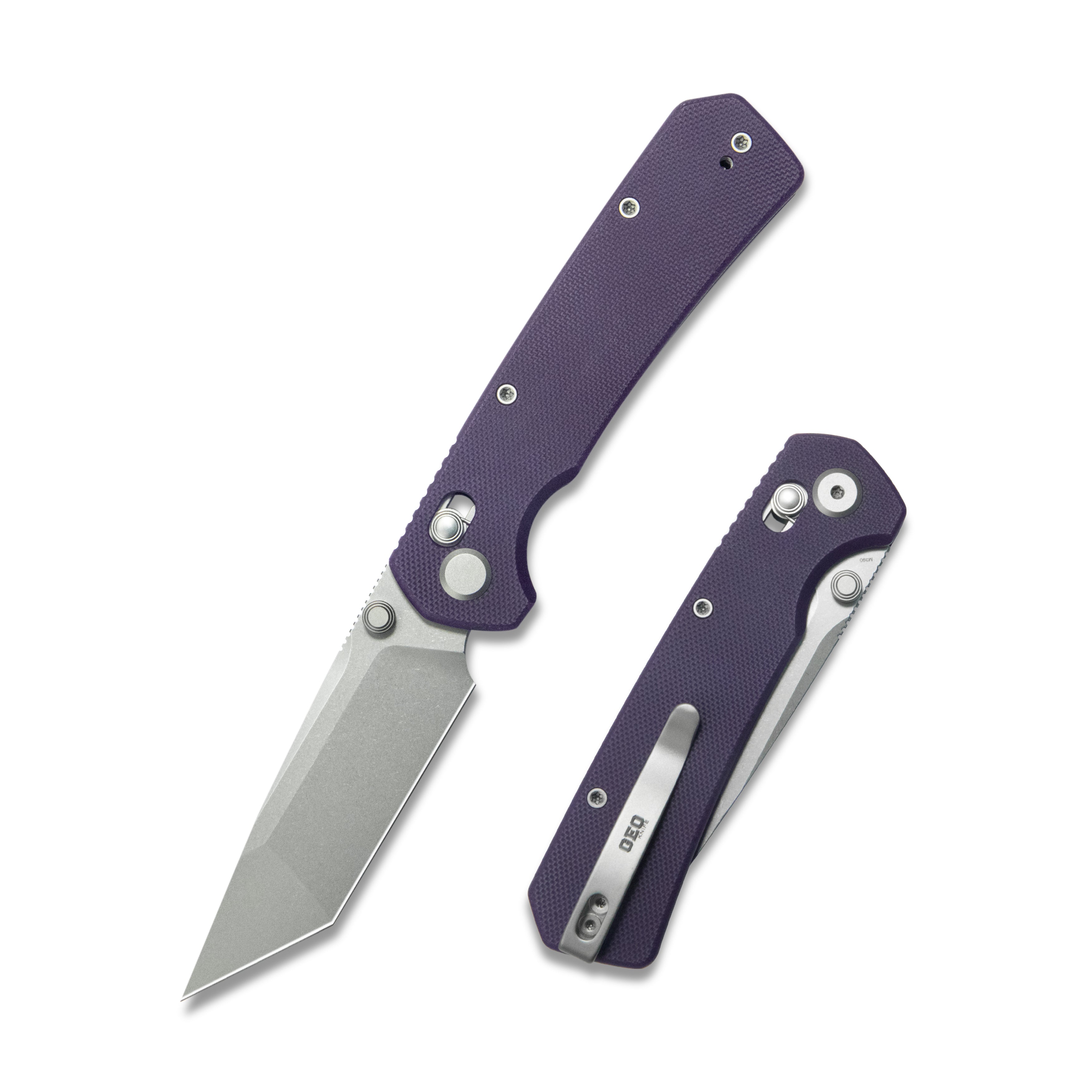 GEO Knife Blaze Crossbar lock Folding Knife Purple G10 Handle 3.3" Stonewash Bohler M390 Blade GEO2503F