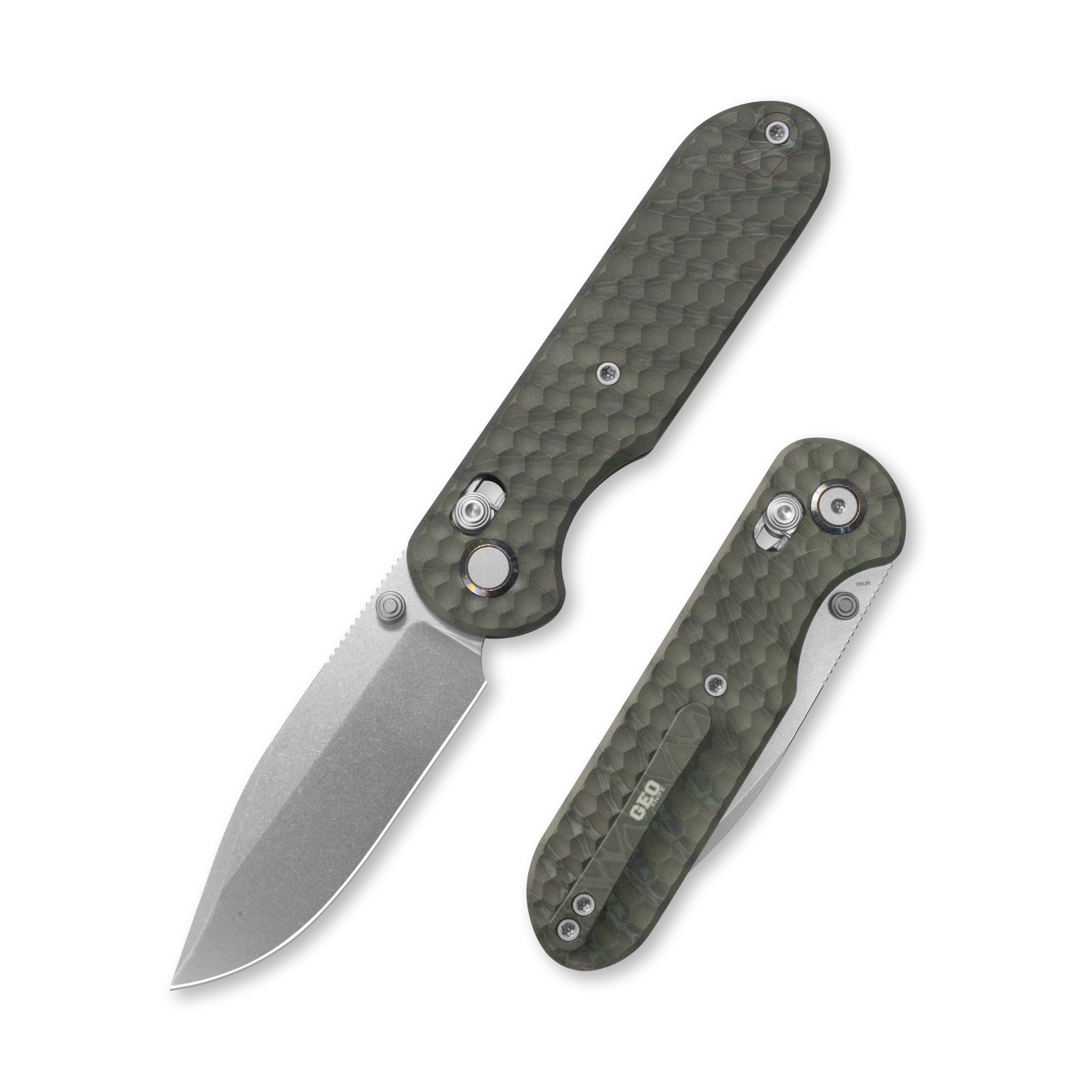 Geo knife Ethereal Cutter Axis lock Folding Knife Tiger Stripe Pattern Flamed  6AL4V Titanium Handle 3.0" Stonewash Bohler M390 Blade GEO2402J