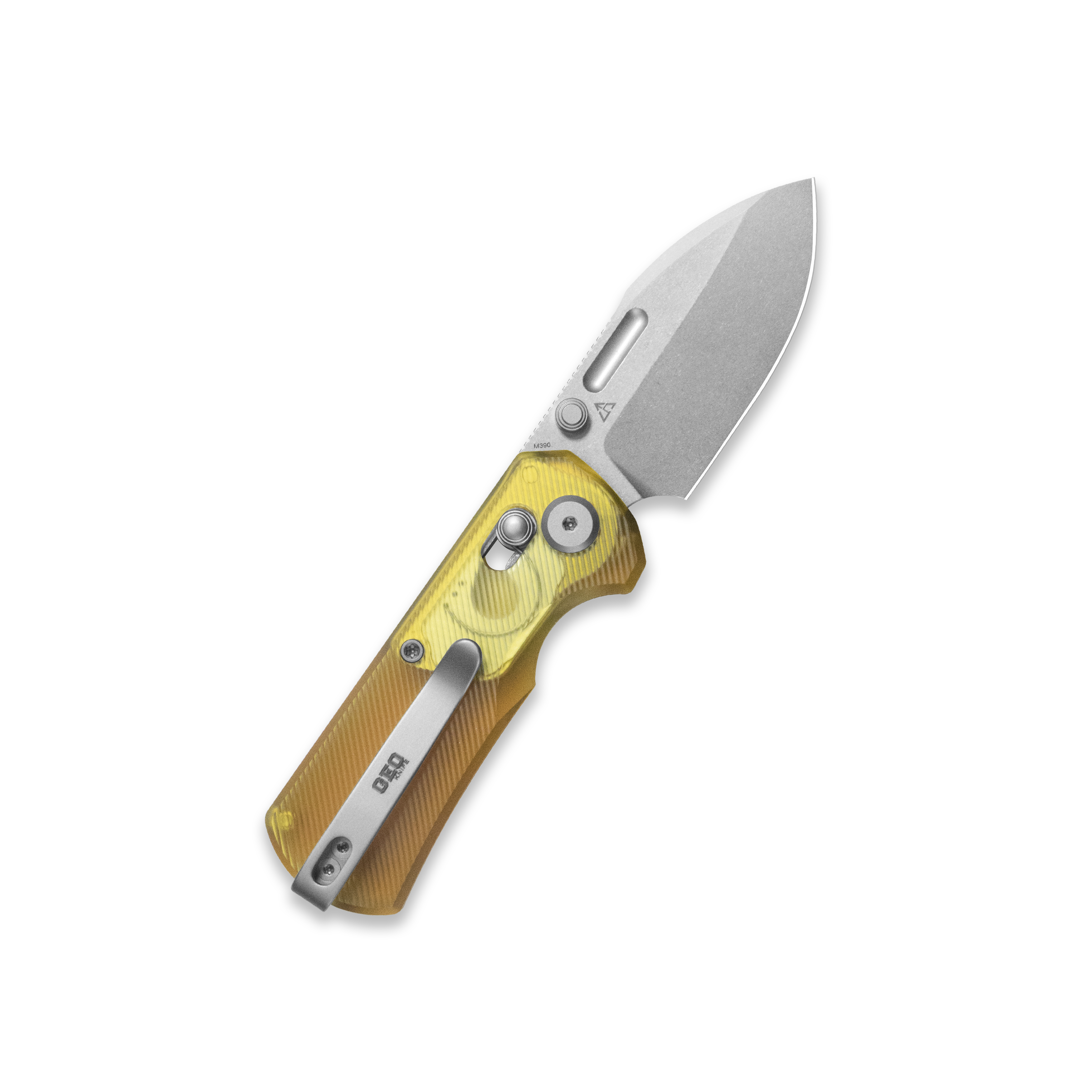 GEO Knife Belluf Crossbar lock Folding Knife Ultem Handle 2.4" Stonewash Bohler M390 Blade GEO2508G