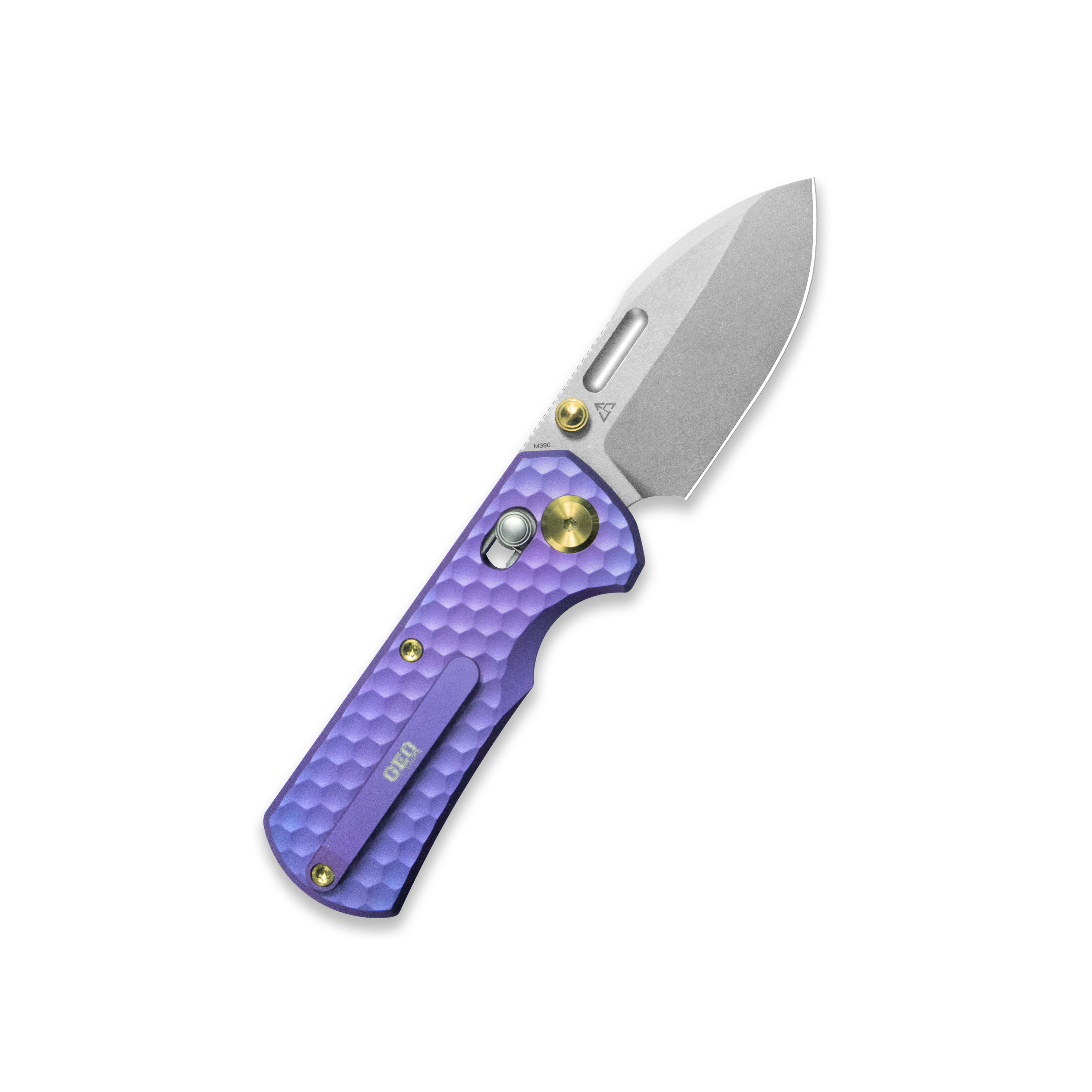 GEO Knife Belluf Crossbar lock Folding Knife Purple 6AL4V Titanium Handle 2.4" Stonewash Bohler M390 Blade GEO2508J