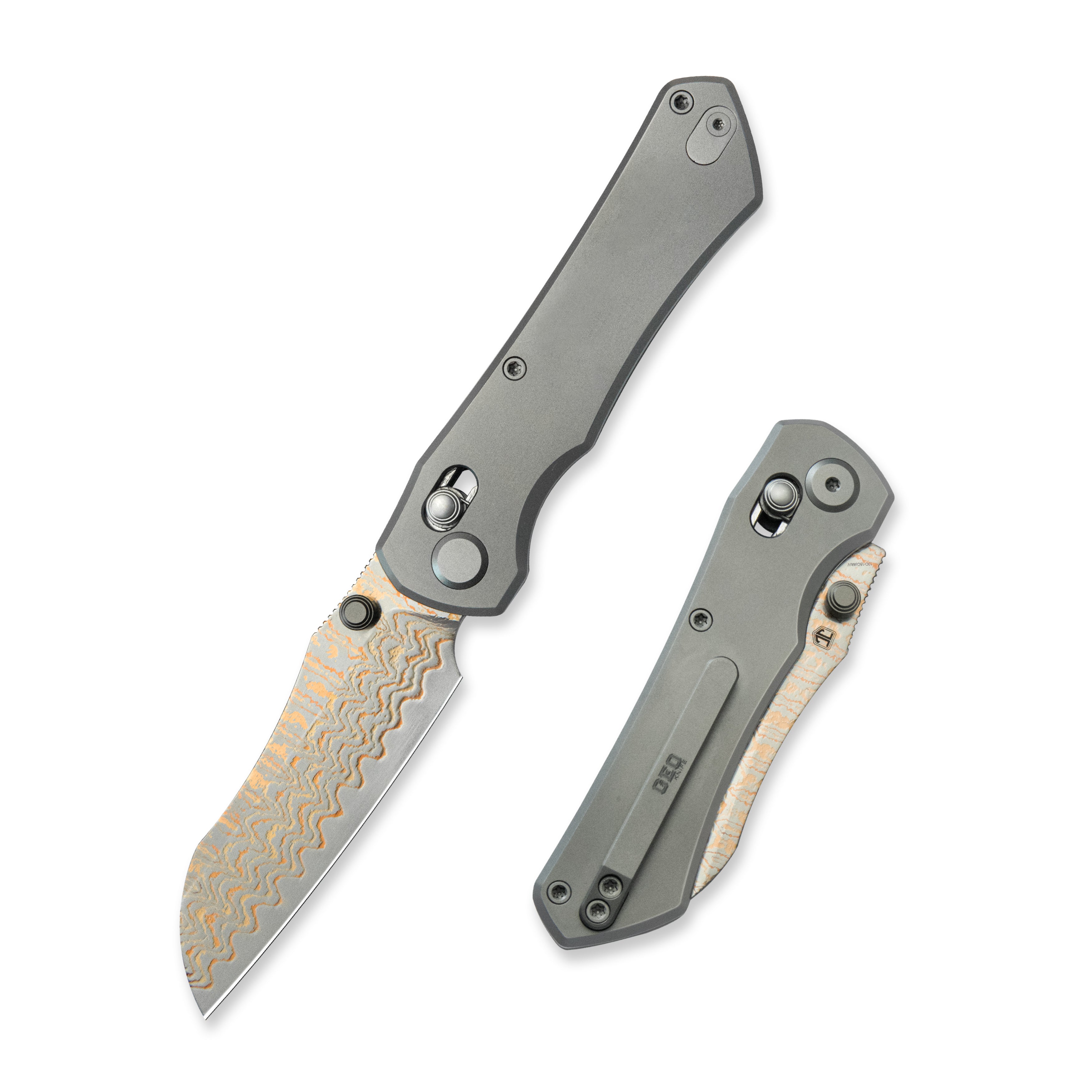 GEO Knife Komodo Axis lock Folding Knife Gray 6AL4V Titanium Handle 3.1" Damascus Steel & Copper Blade（10Cr15CoMoV) GEO2509A