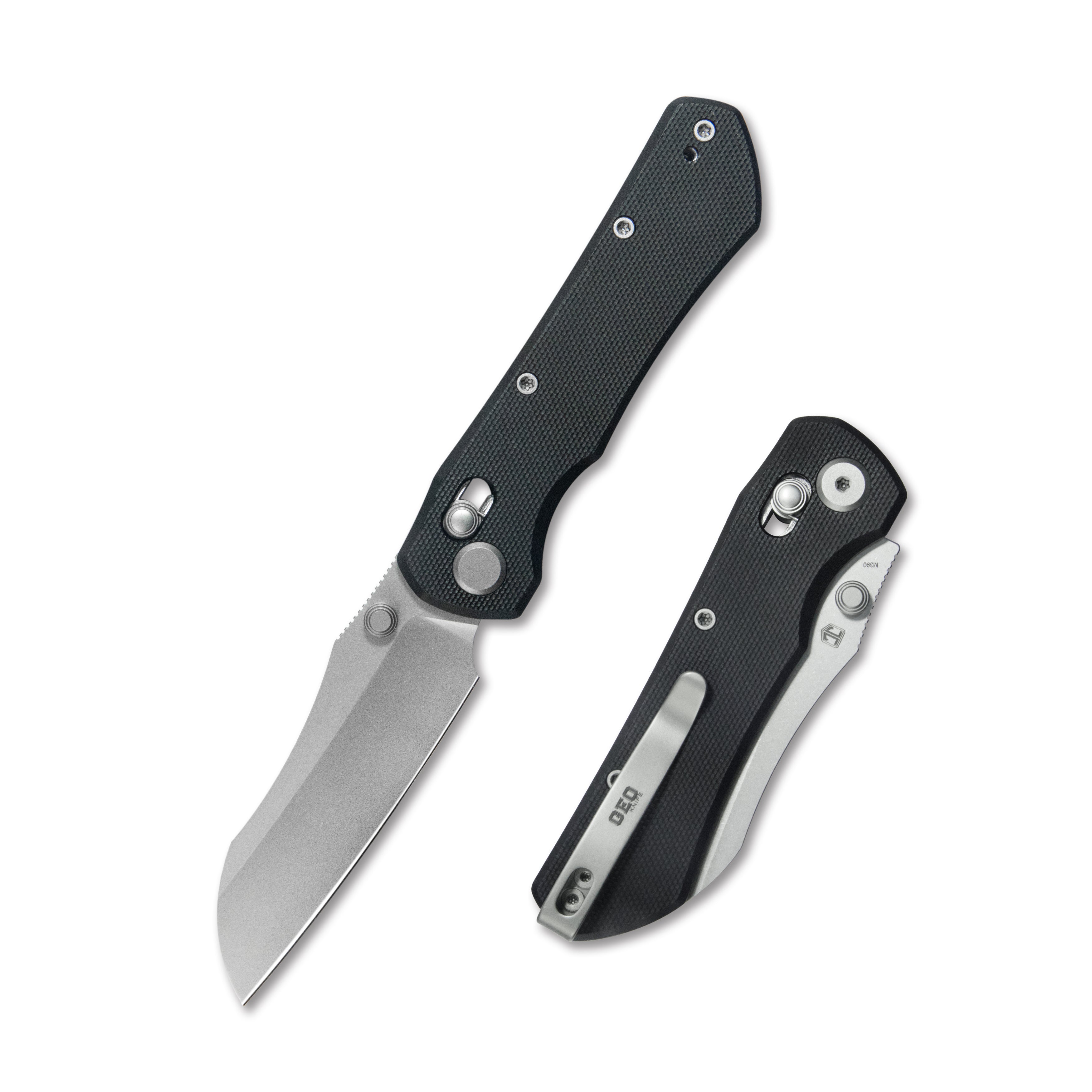 GEO Knife Komodo Crossbar lock Folding Knife Black G10 Handle 3.1" Stonewash Bohler M390 Blade GEO2509E