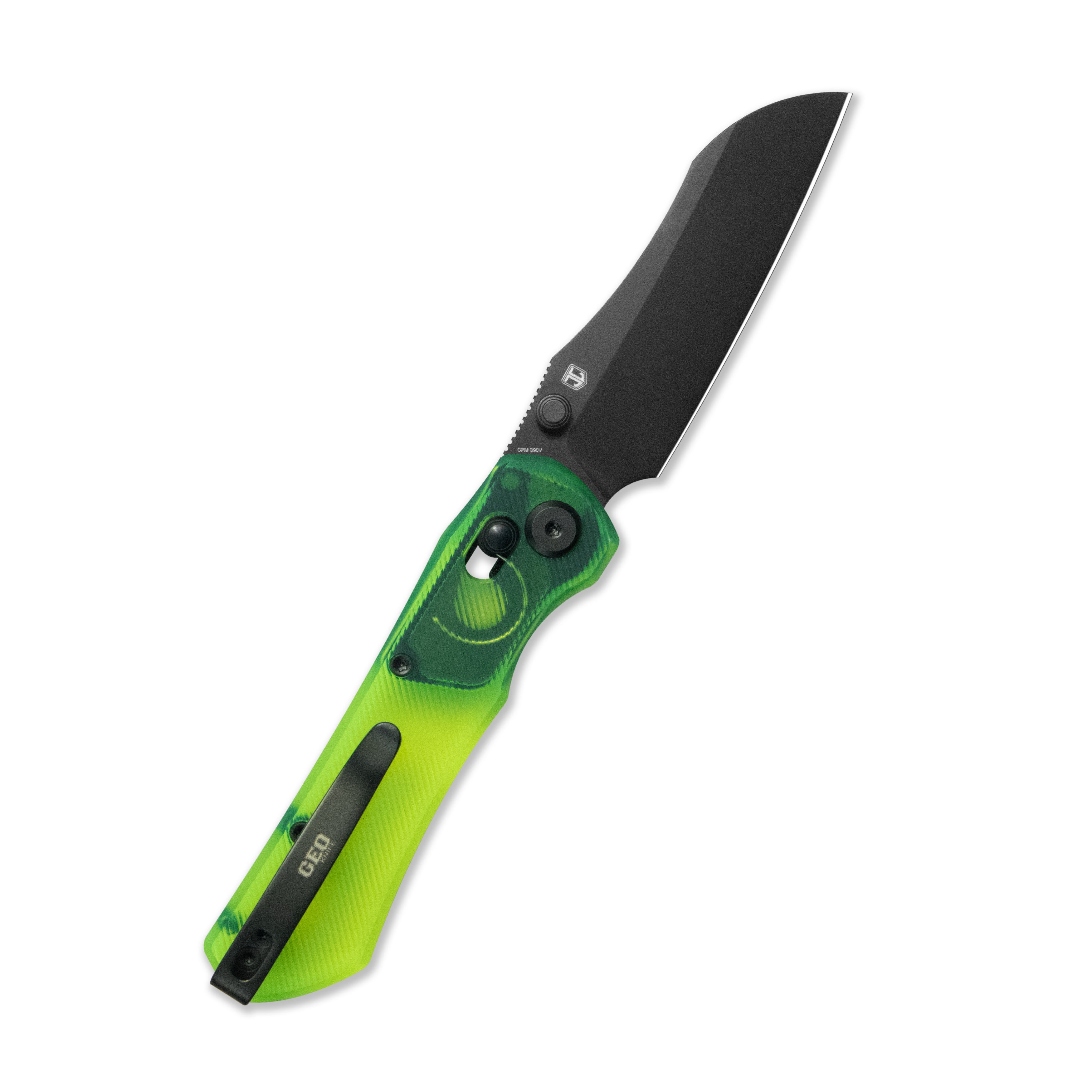 Blade HQ Exclusives SKU : GEO Knife Komodo Crossbar lock Folding Knife Green Acrylic Handle 3.1" Black DLC CPM S90V Blade GEO2509N