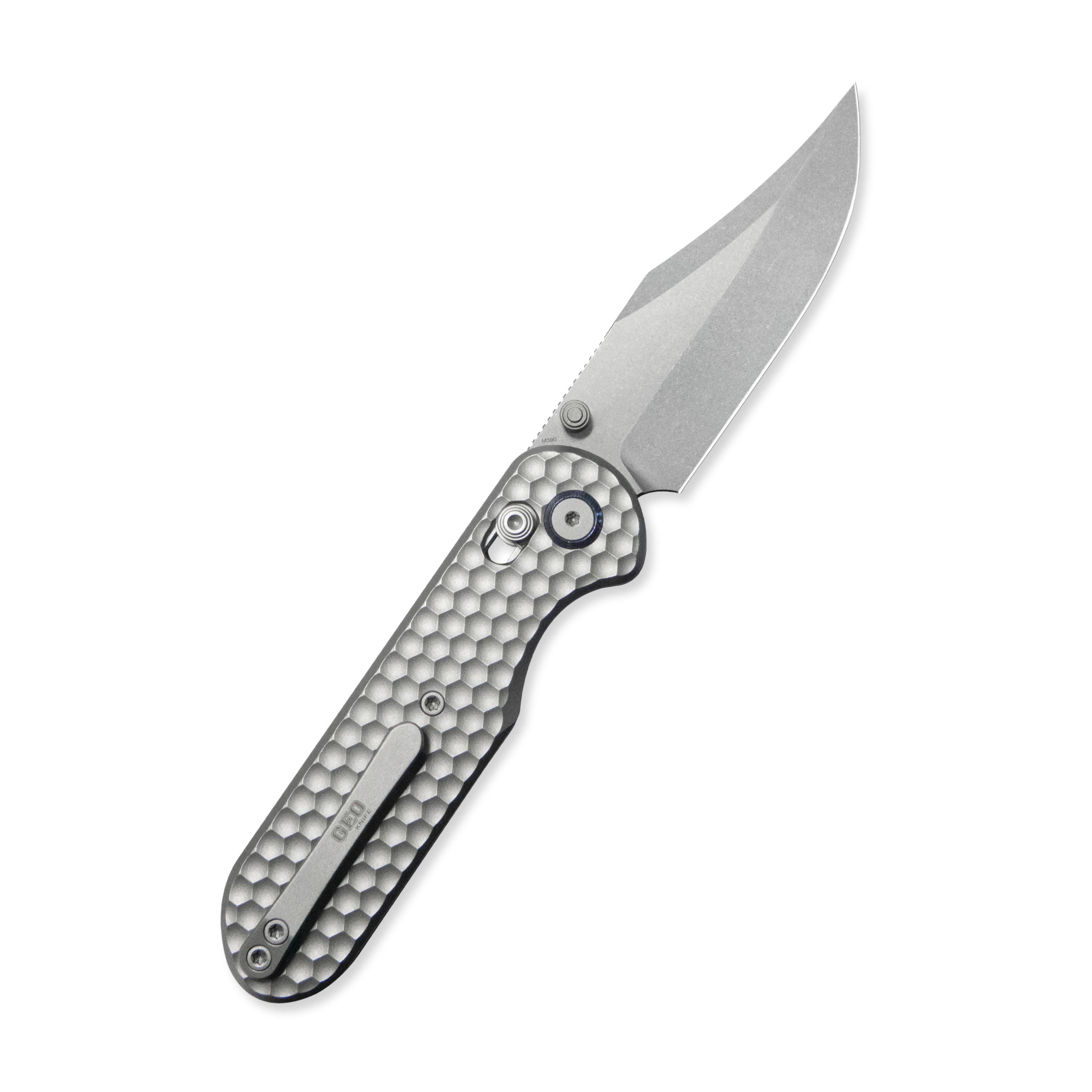 Geo knife Ethereal Cutter Axis lock Folding Knife Gray 6AL4V Titanium Handle 3.03" Stonewash Bohler M390 Blade GEO2401A