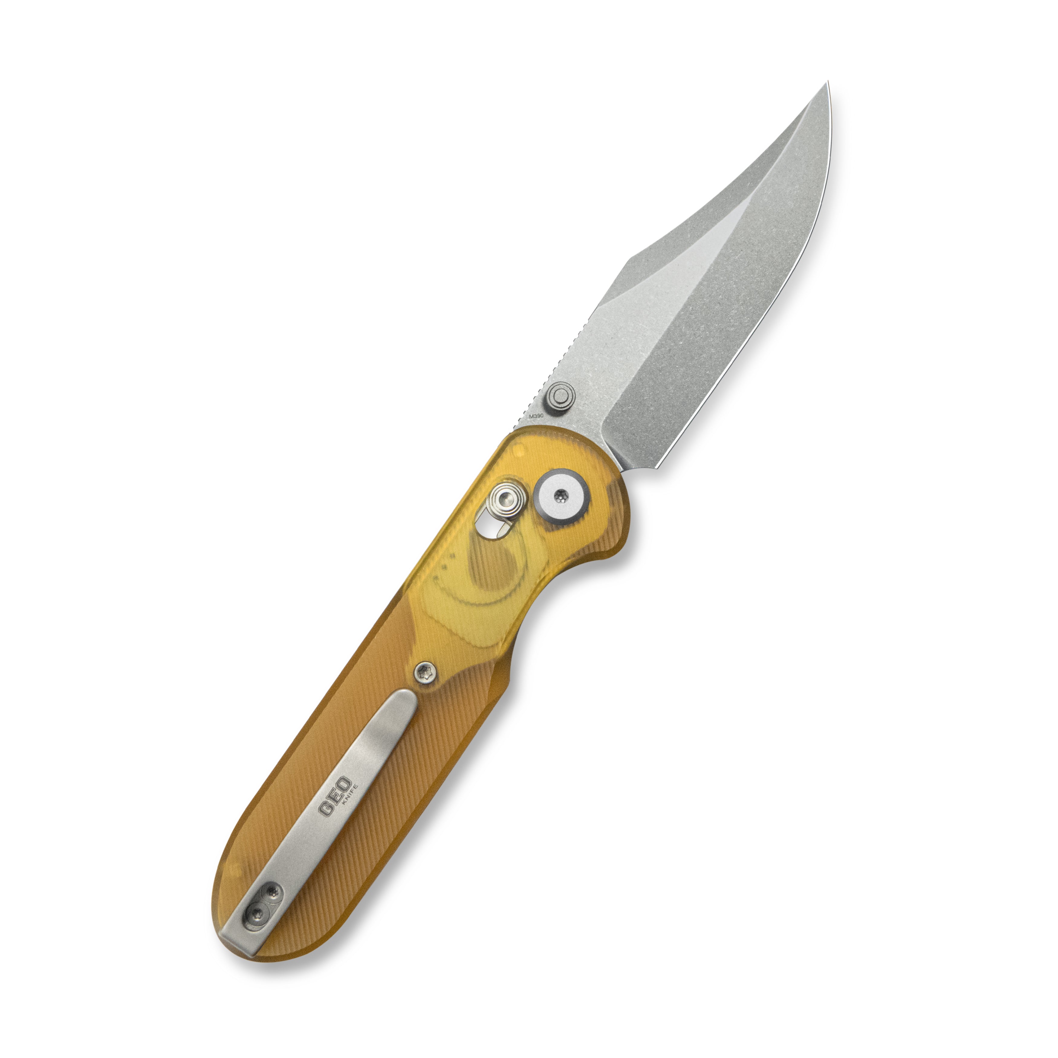 Geo knife Ethereal Cutter Axis lock Folding Knife Ultem Handle 3.03" Stonewash Bohler M390 Blade GEO2401E