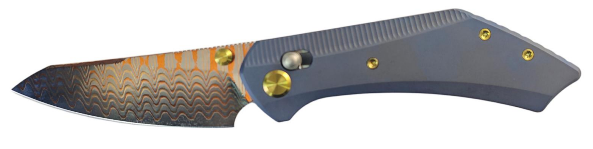 GEO Knife DIVID Axis lock Folding Knife Blue 6AL4V Titanium Handle 3.1" Damascus Steel & Copper Blade（10Cr15CoMoV) GEO2507B