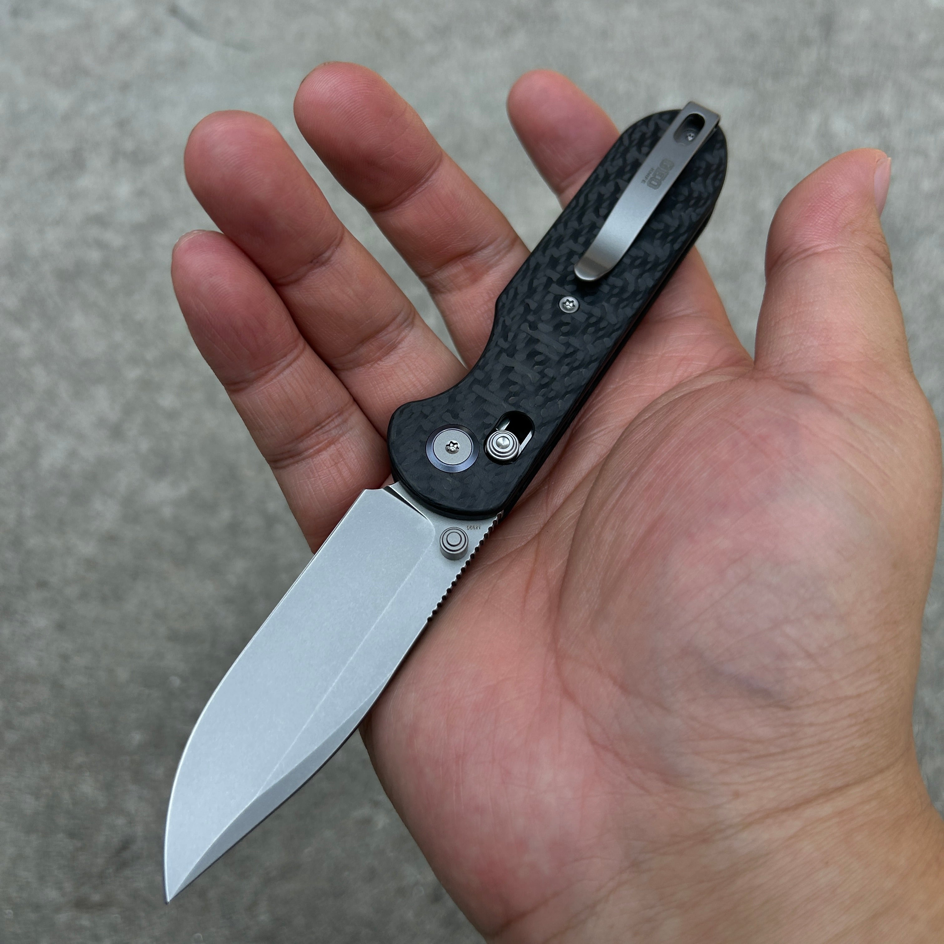(Pre-order) : Geo knife Ethereal Cutter Axis lock Folding Knife Black Carbon fiber Handle 3.03" Stonewash Bohler M390 Blade GEO2402K