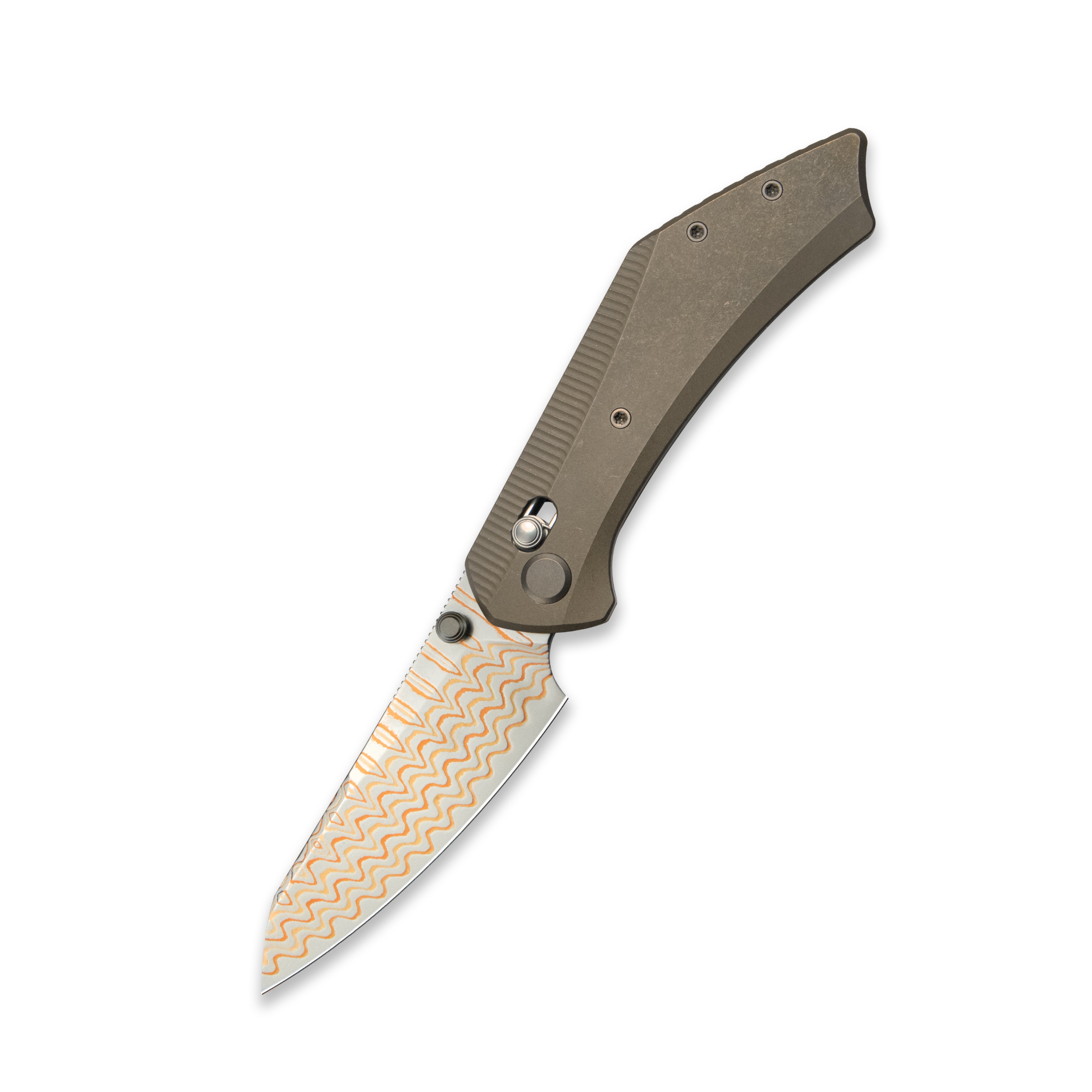 GEO Knife DIVID Axis lock Folding Knife Bronze 6AL4V Titanium Handle 3.1" Damascus Steel & Copper Blade（10Cr15CoMoV) GEO2507D