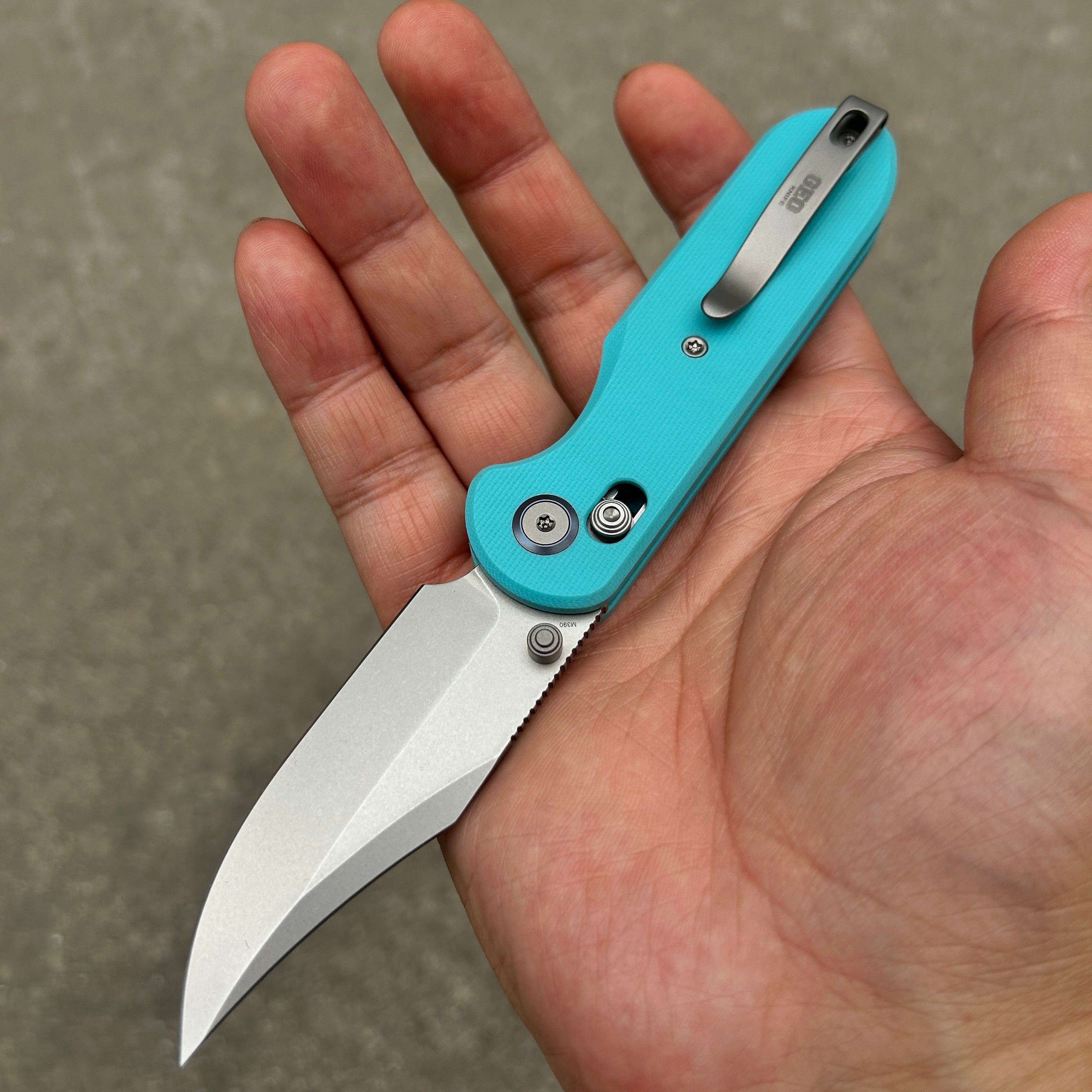 (Pre-order) : Geo knife Ethereal Cutter Axis lock Folding Knife Tiffany Blue G10 Handle 3.03" Stonewash Bohler M390 Blade GEO2401G