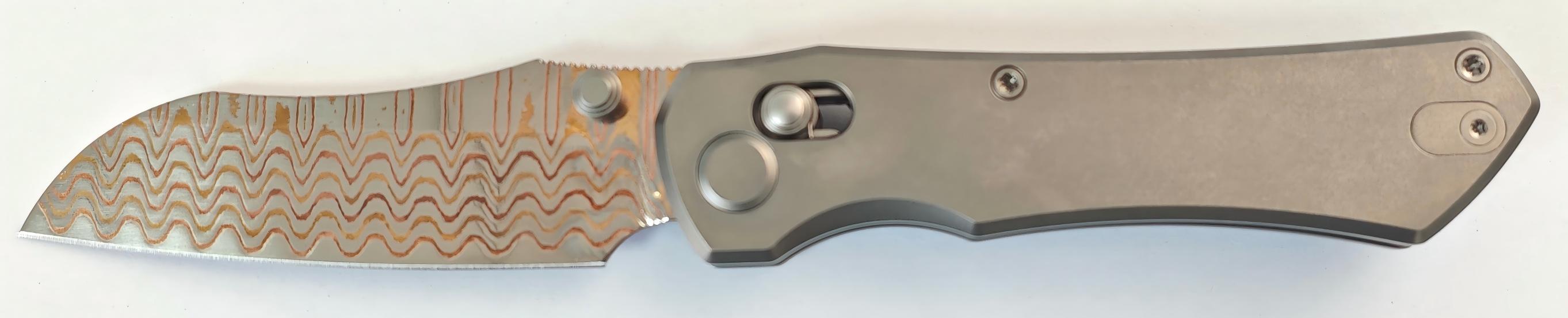 GEO Knife Komodo Axis lock Folding Knife Gray 6AL4V Titanium Handle 3.1" Damascus Steel & Copper Blade（10Cr15CoMoV) GEO2509A