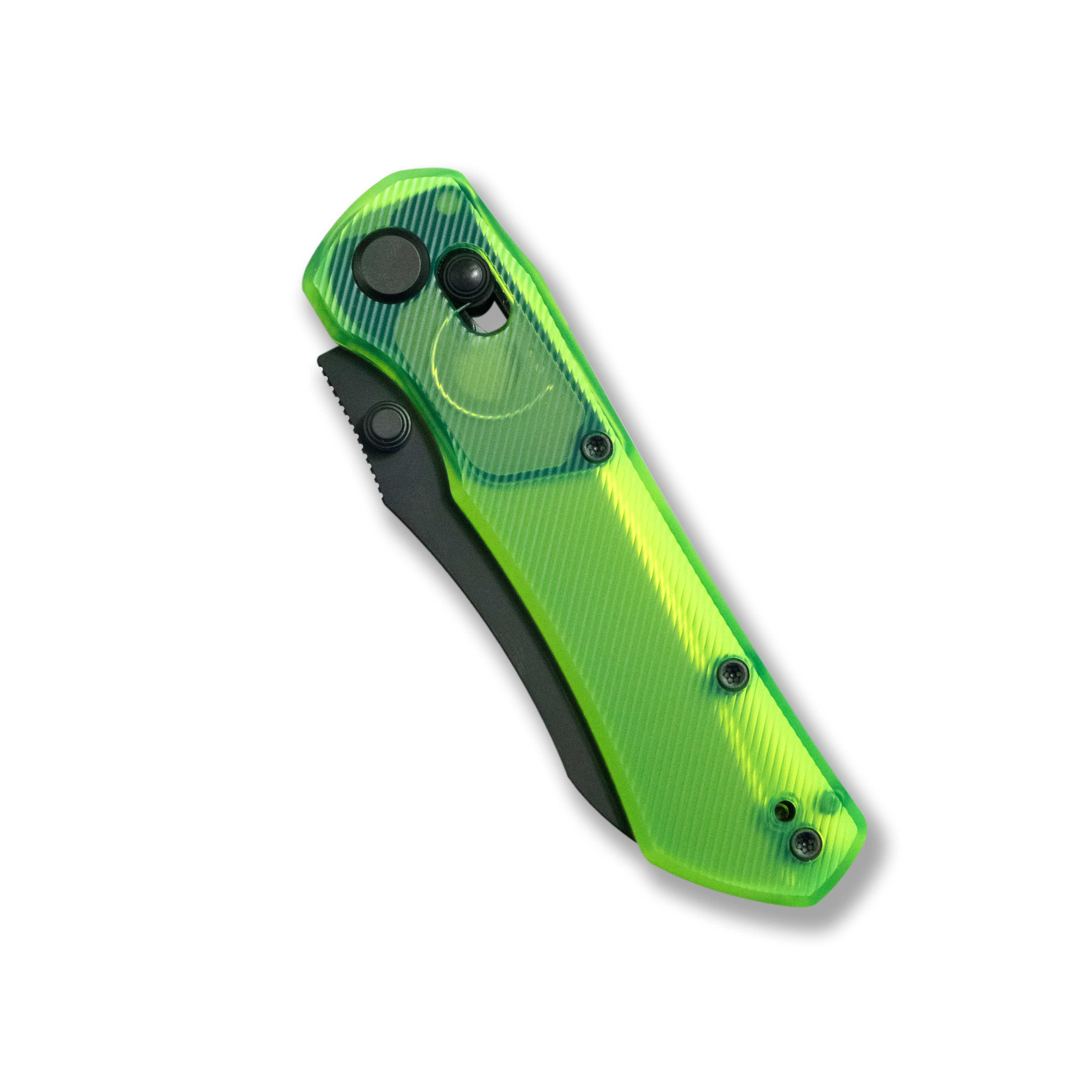 Blade HQ Exclusives SKU : GEO Knife Komodo Crossbar lock Folding Knife Green Acrylic Handle 3.1" Black DLC CPM S90V Blade GEO2509N