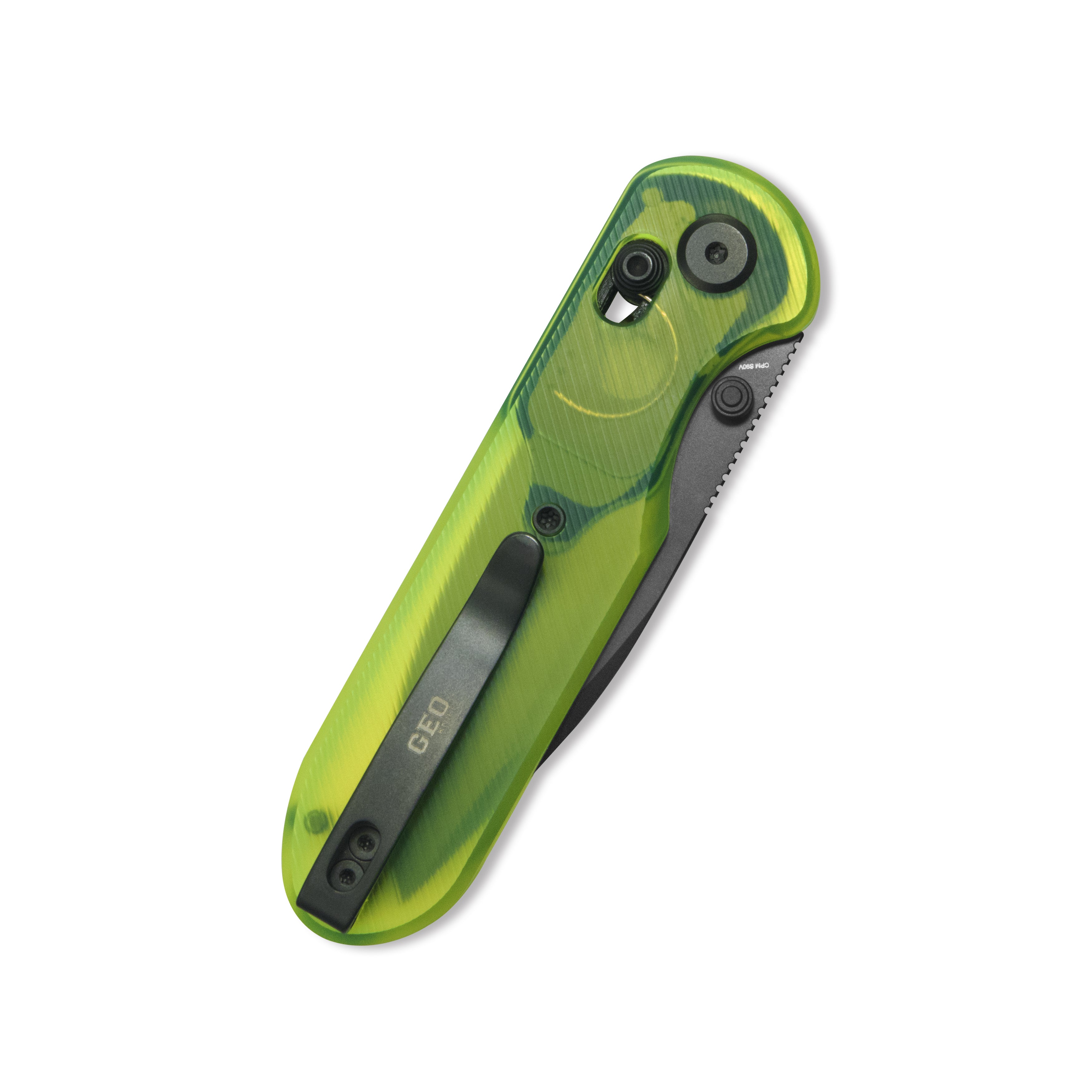 Blade HQ Exclusives SKU : GEO Knife Ethereal Cutter Crossbar lock Folding Knife Green Acrylic Handle 3.0" Black DLC CPM S90V Blade GEO2402Q
