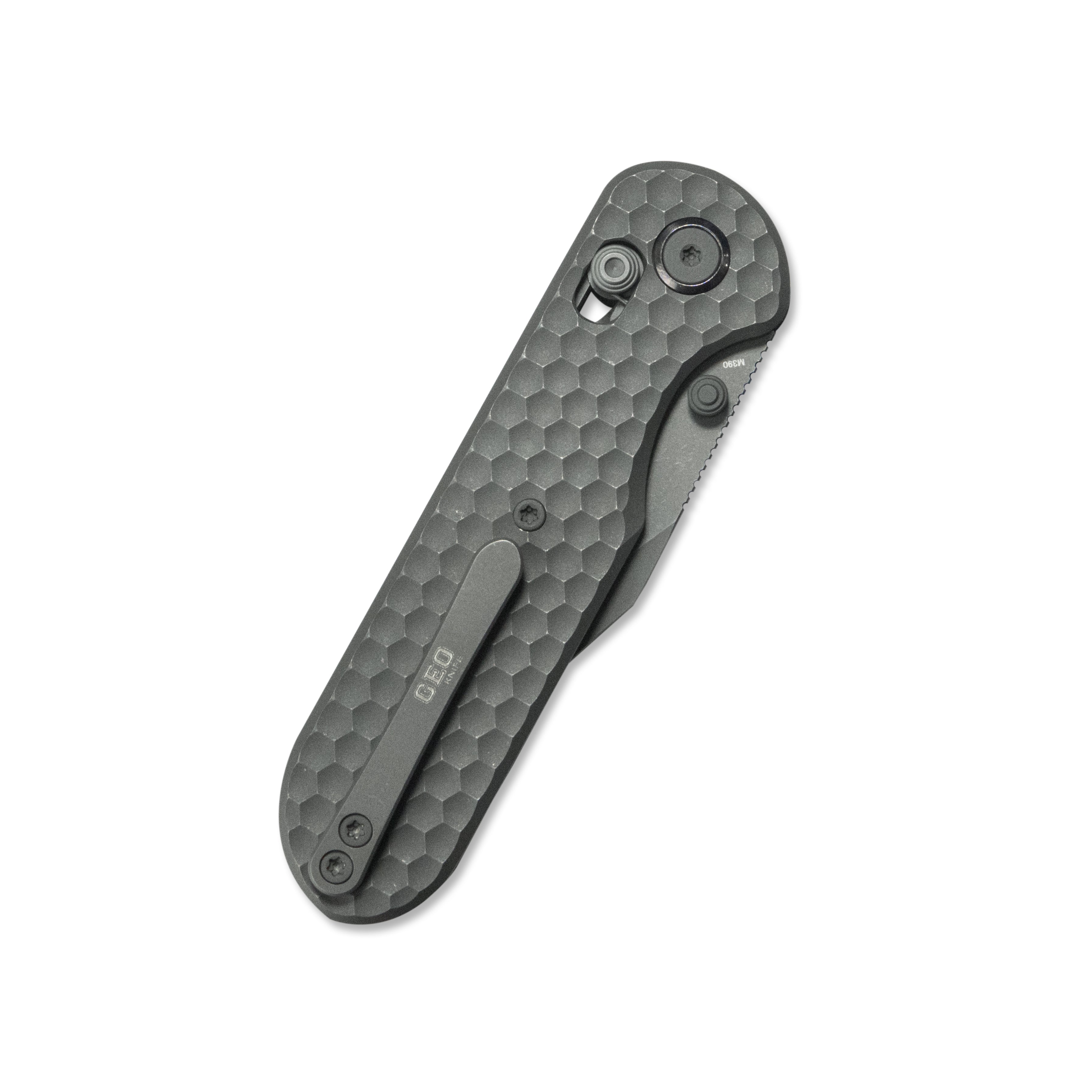 Geo knife Ethereal Cutter Axis lock Folding Knife Gray 6AL4V Titanium Handle 3.03" Darkwash Bohler M390 Blade GEO2401C