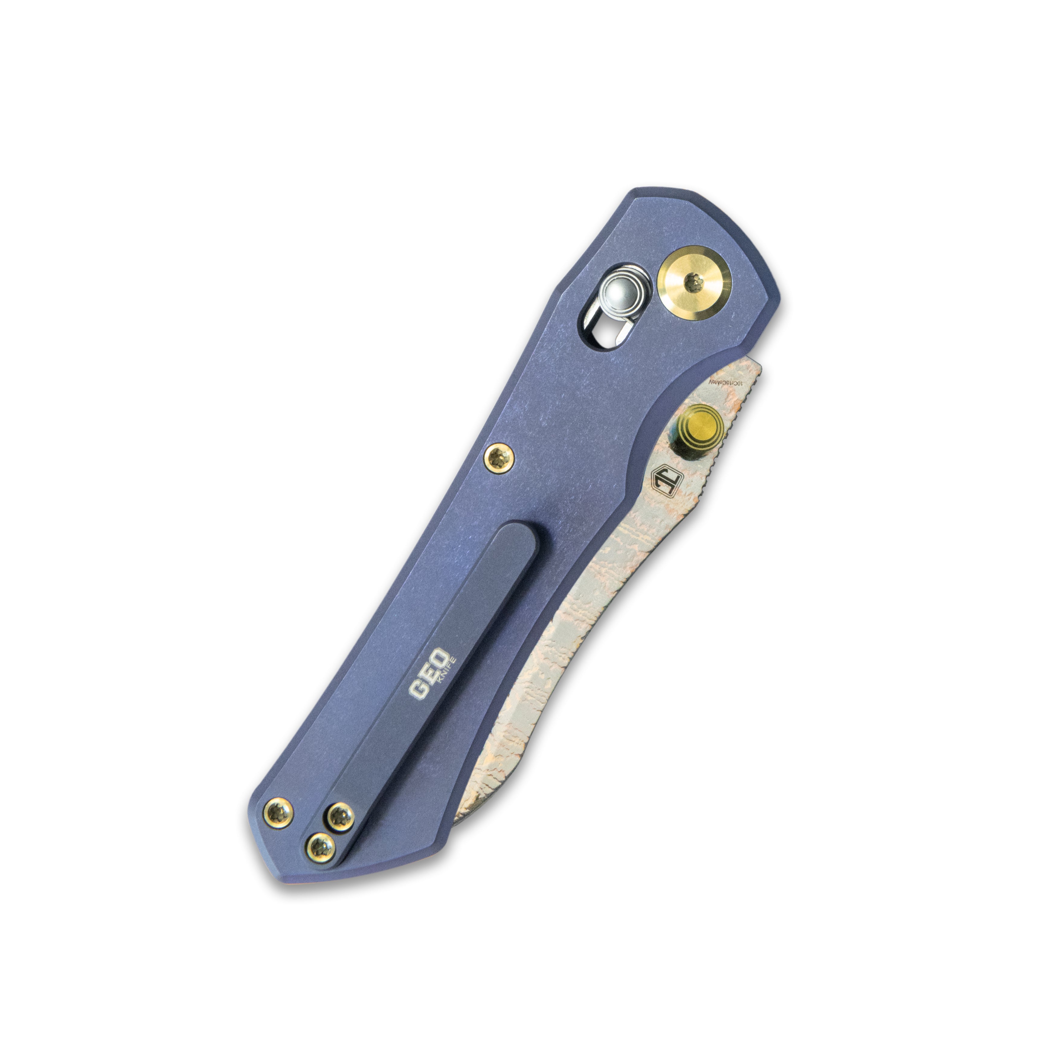 GEO Knife Komodo Axis lock Folding Knife Blue 6AL4V Titanium Handle 3.1" Damascus Steel & Copper Blade（10Cr15CoMoV) GEO2509B