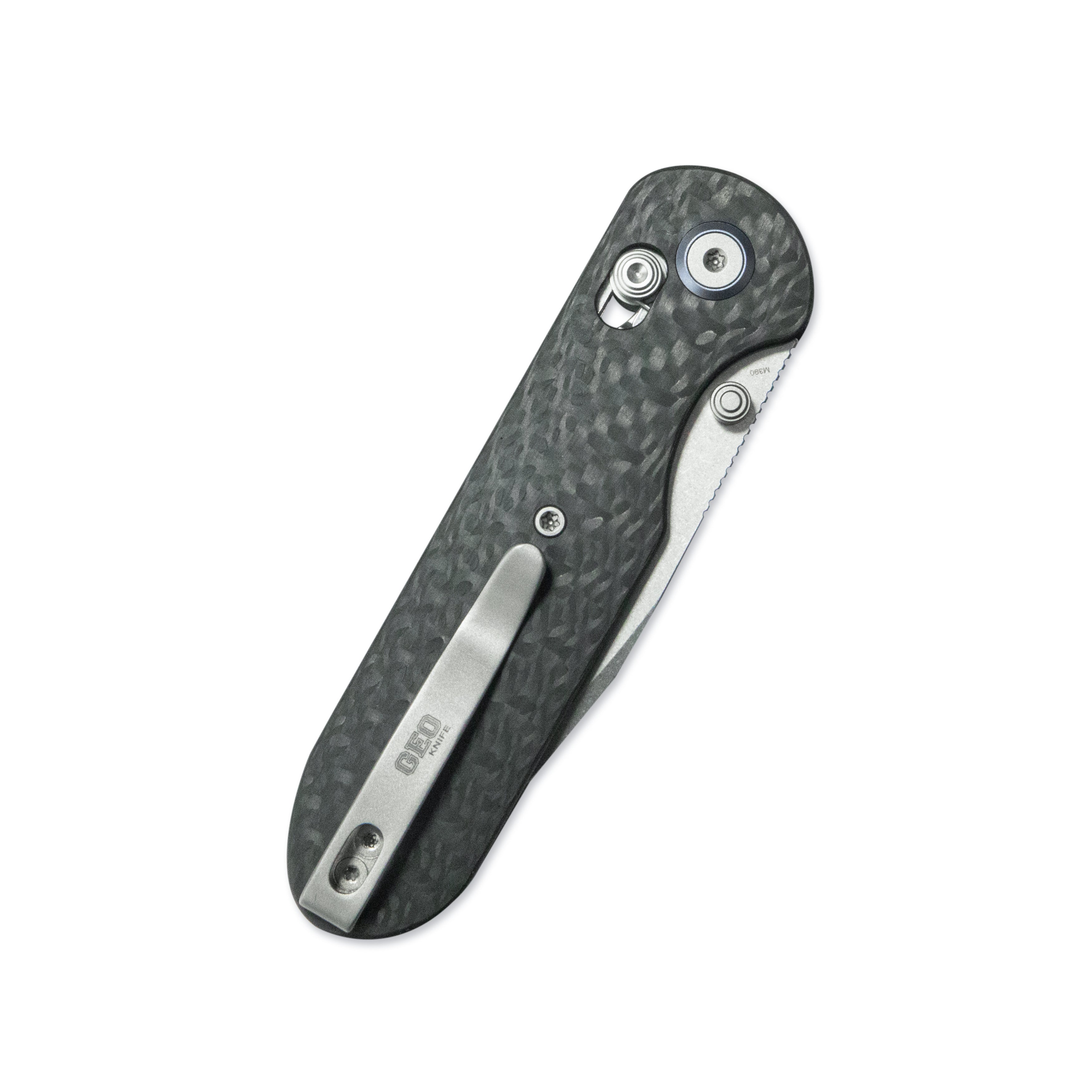 (Pre-order) : Geo knife Ethereal Cutter Axis lock Folding Knife Black Carbon fiber Handle 3.0" Stonewash Bohler M390 Blade GEO2402K
