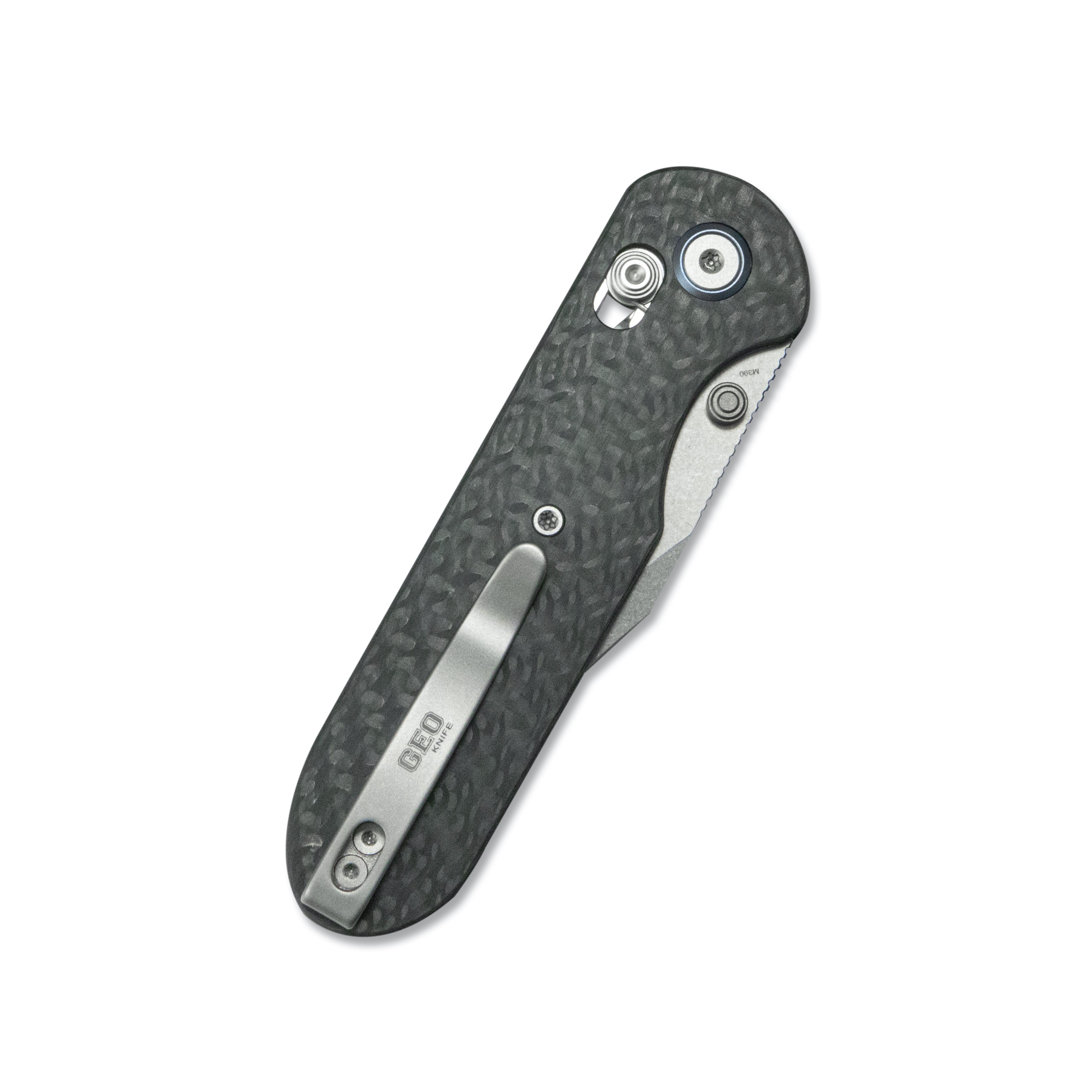(Pre-order) : Geo knife Ethereal Cutter Axis lock Folding Knife Black Carbon Fiber Handle 3.0" Stonewash Bohler M390 Blade GEO2401K