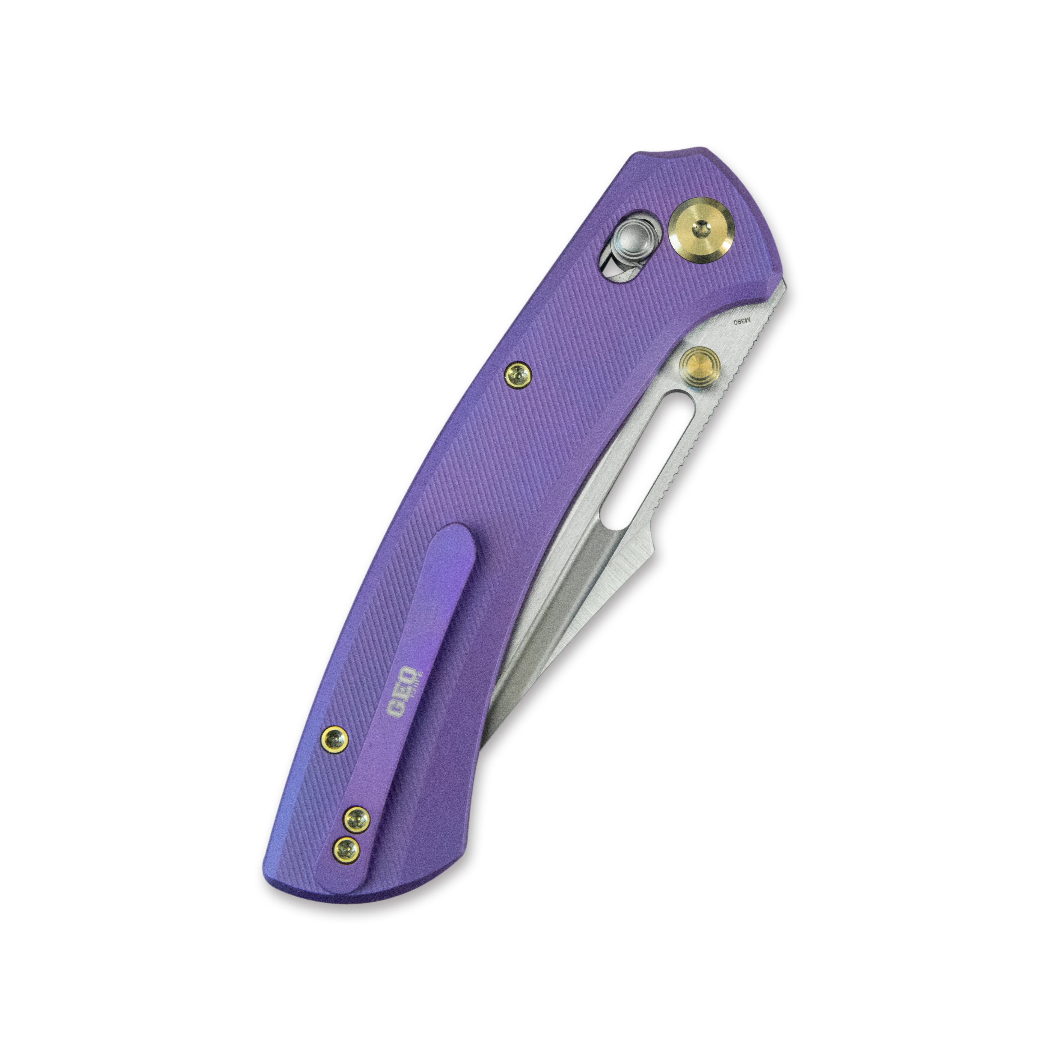 GEO Knife Strix Crossbar lock Folding Knife Purple blue 6AL4V Titanium Handle 3.6" Hand-Rubbed Satin Stonewash Bohler M390 Blade GEO2510D
