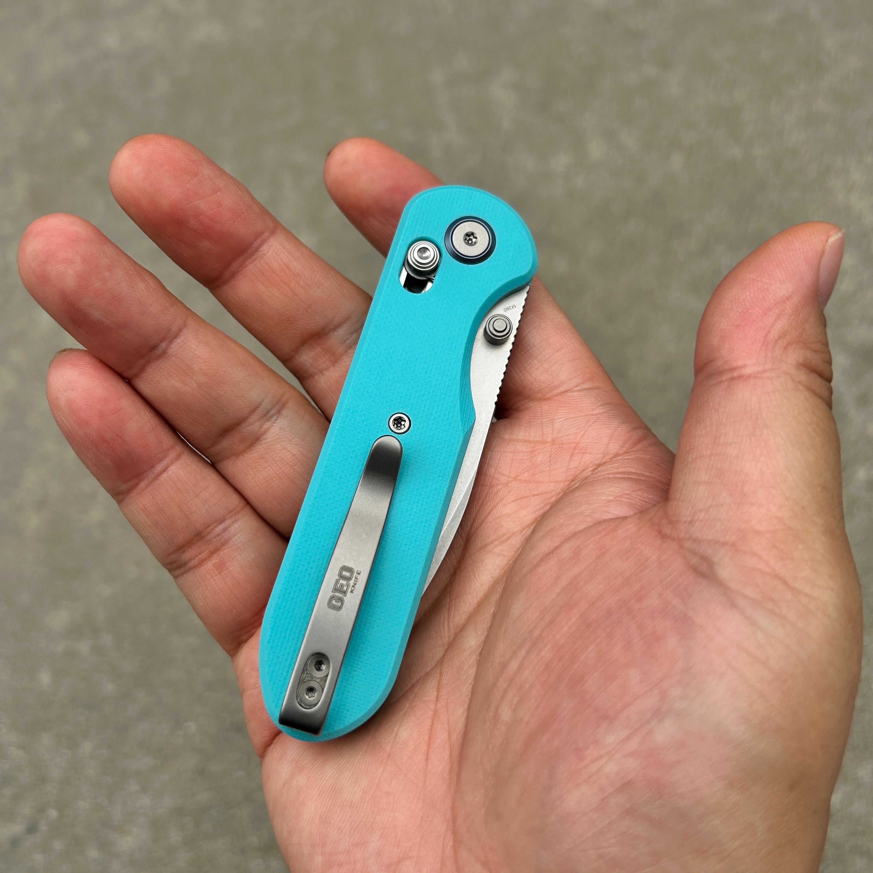 (Pre-order) : Geo knife Ethereal Cutter Axis lock Folding Knife Tiffany Blue G10 Handle 3.03" Stonewash Bohler M390 Blade GEO2402G
