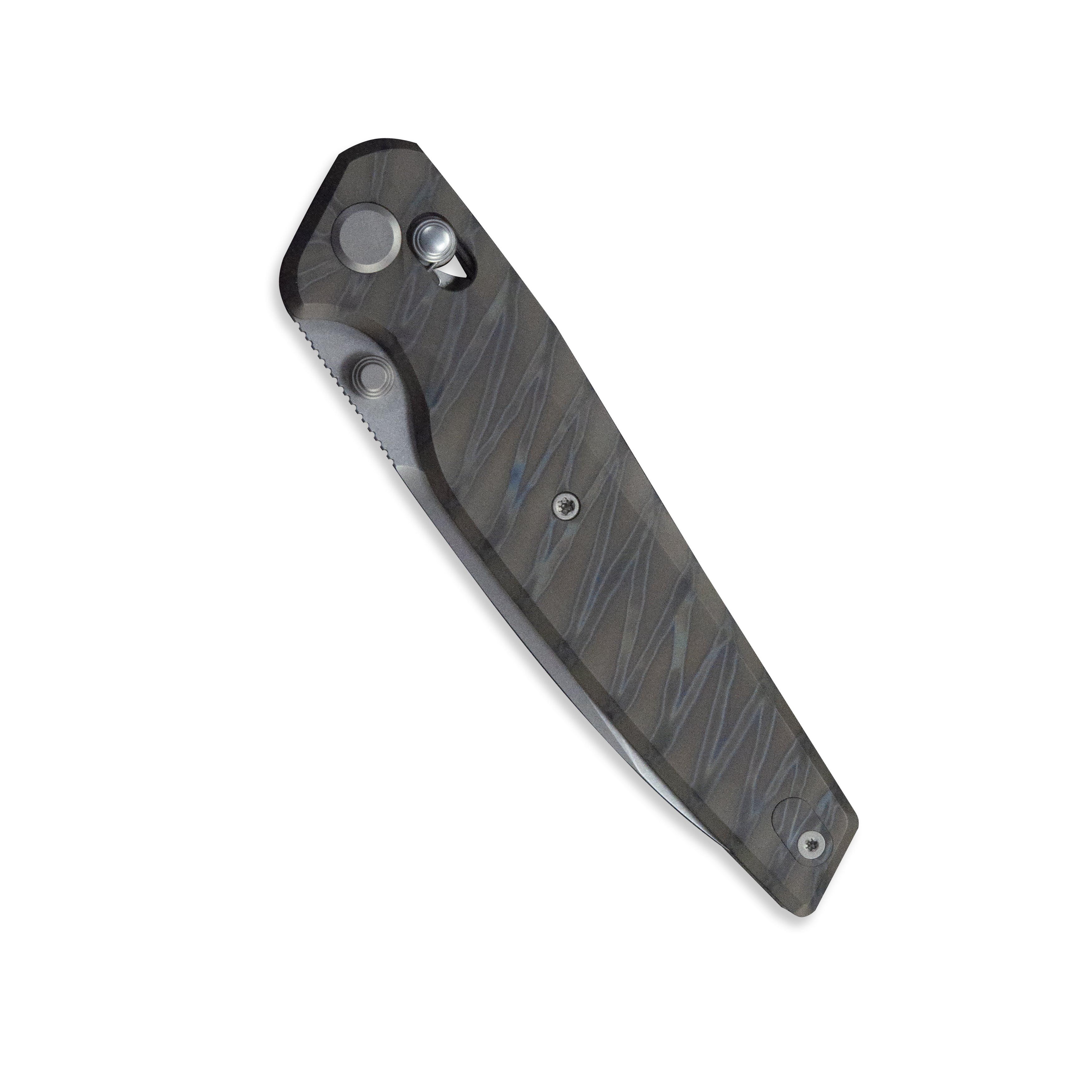 (Pre-order) : Geo knife FANTASM Axis lock Folding Knife Tiger Stripe Pattern Flamed  6AL4V Titanium Handle 3.9" Stonewash Bohler M390 Blade GEO2505B
