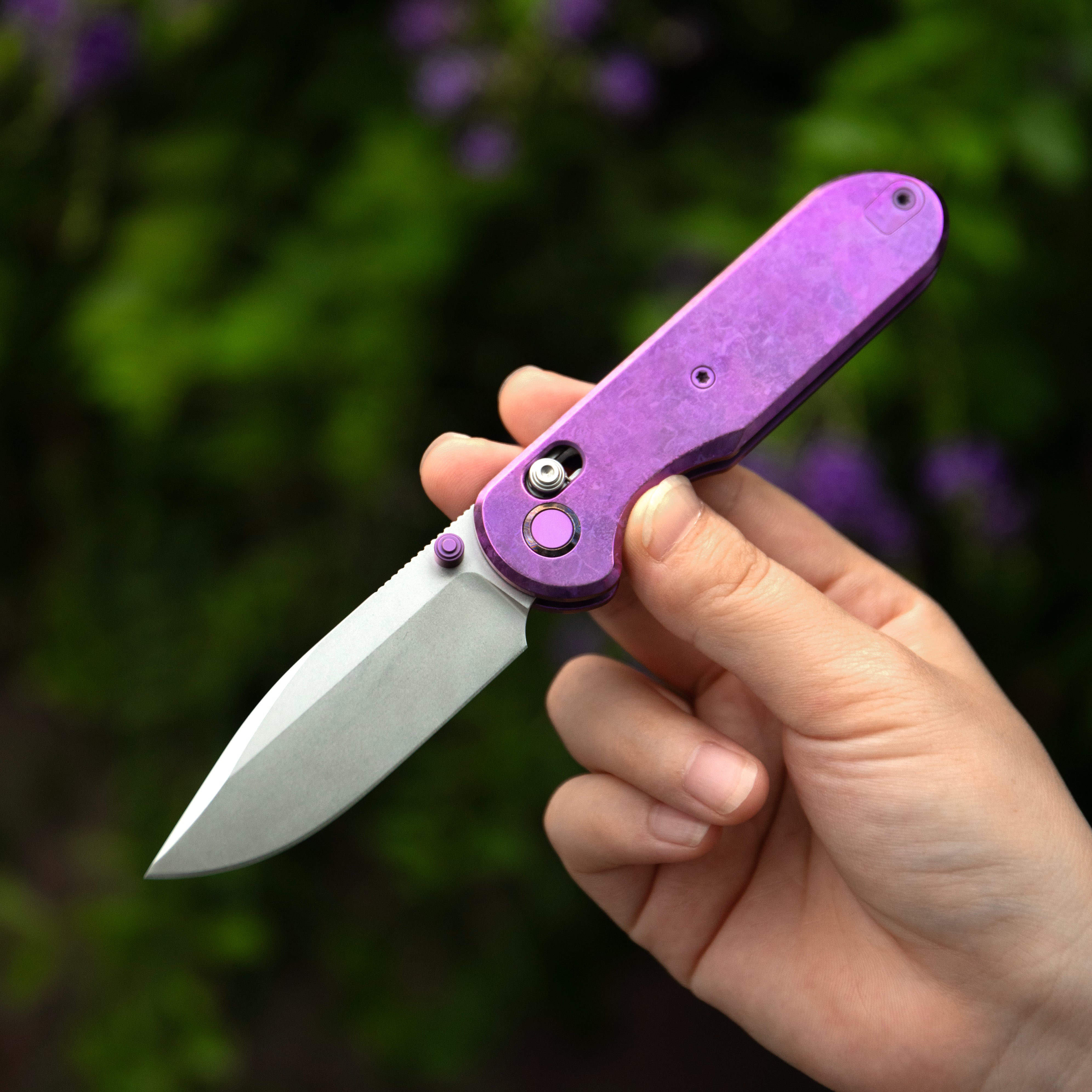 GEO Knife Ethereal Cutter Crossbar lock Folding Knife Purple Crystallized Titanium Handle 3.0" Stonewash Bohler M390 Blade GEO2402R