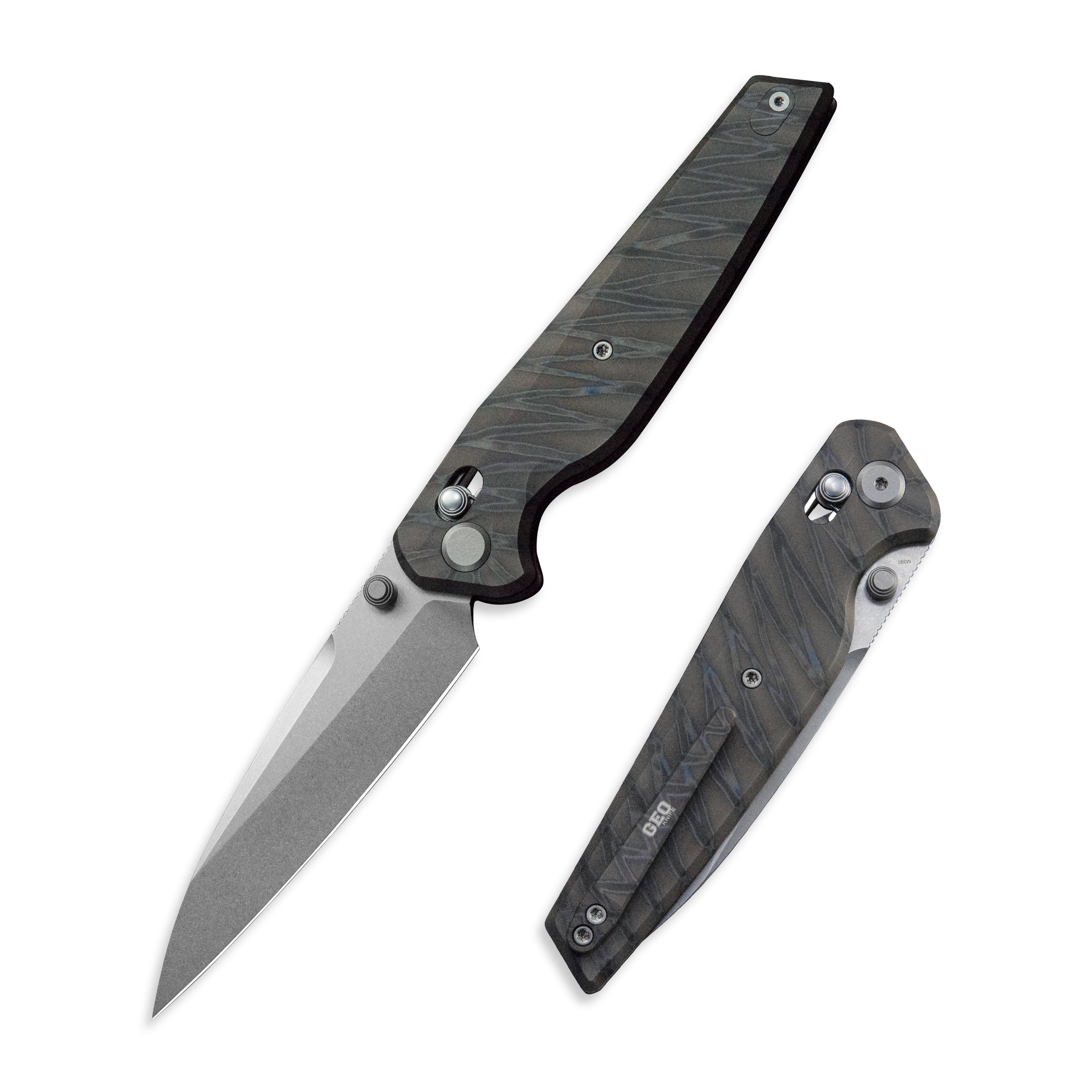 (Pre-order) : Geo knife FANTASM Axis lock Folding Knife Tiger Stripe Pattern Flamed  6AL4V Titanium Handle 3.9" Stonewash Bohler M390 Blade GEO2505B