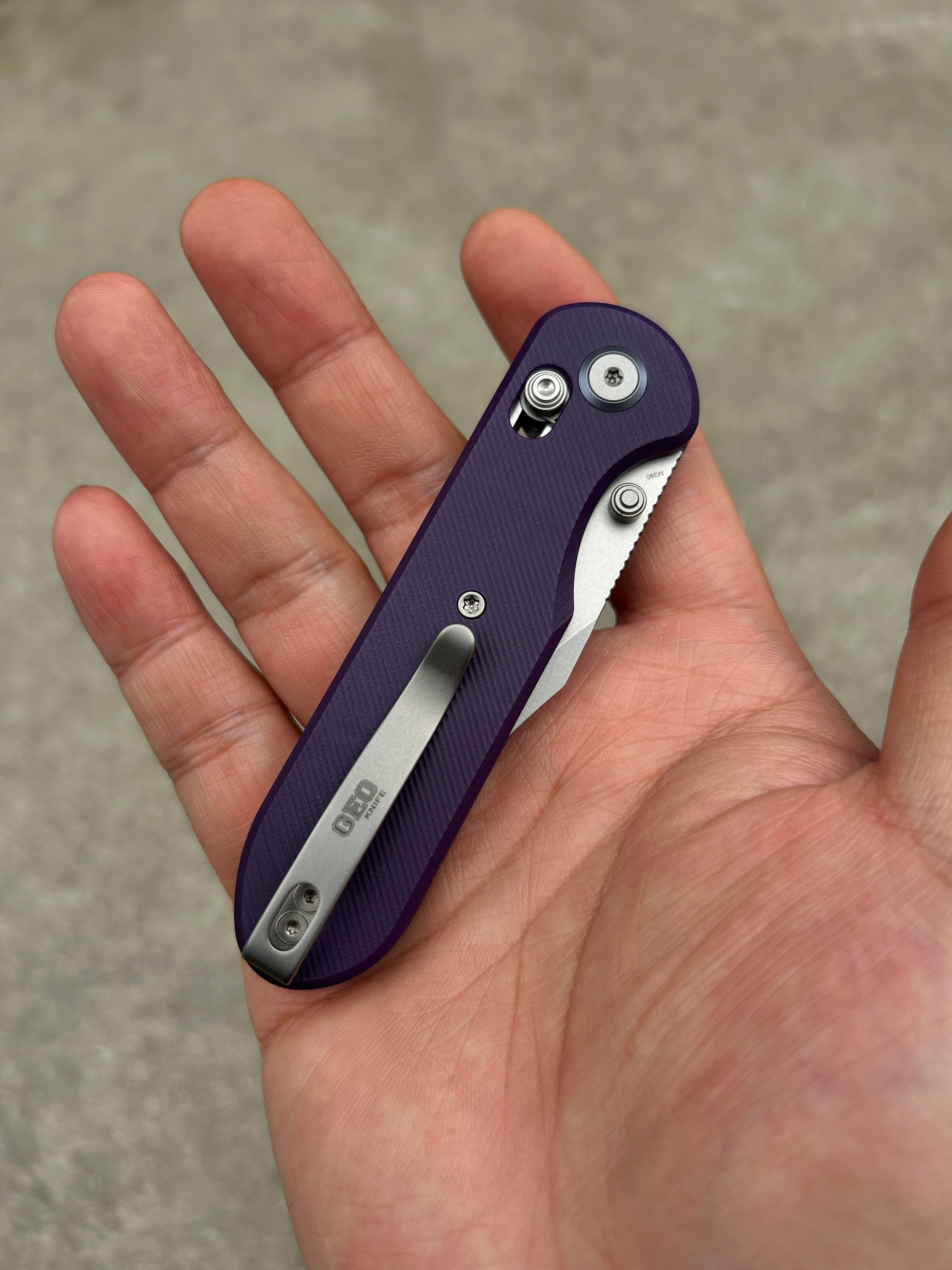 (Pre-order) : Geo knife Ethereal Cutter Axis lock Folding Knife Purple G10 Handle 3.03" Stonewash Bohler M390 Blade GEO2401L