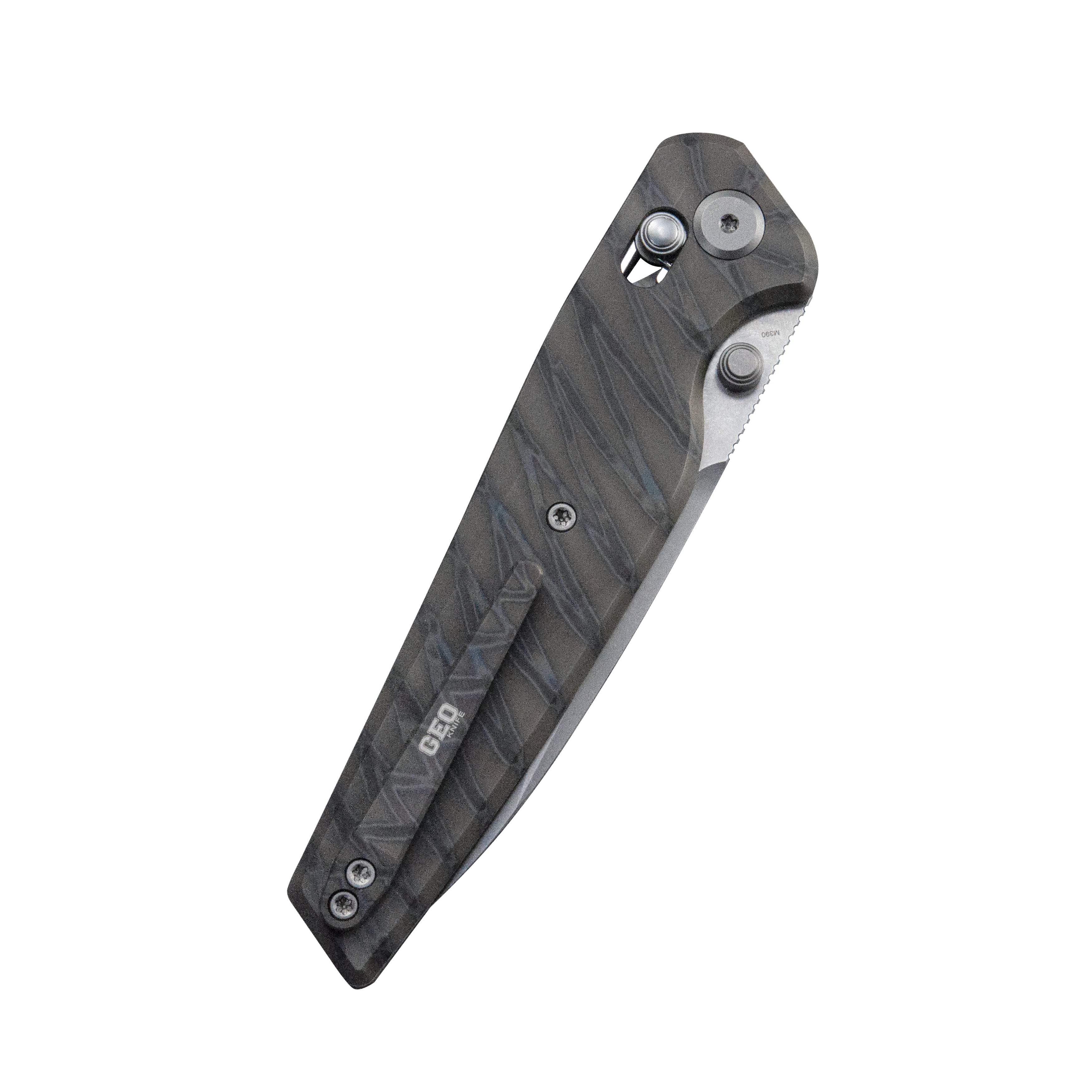 (Pre-order) : Geo knife FANTASM Axis lock Folding Knife Tiger Stripe Pattern Flamed  6AL4V Titanium Handle 3.9" Stonewash Bohler M390 Blade GEO2505B