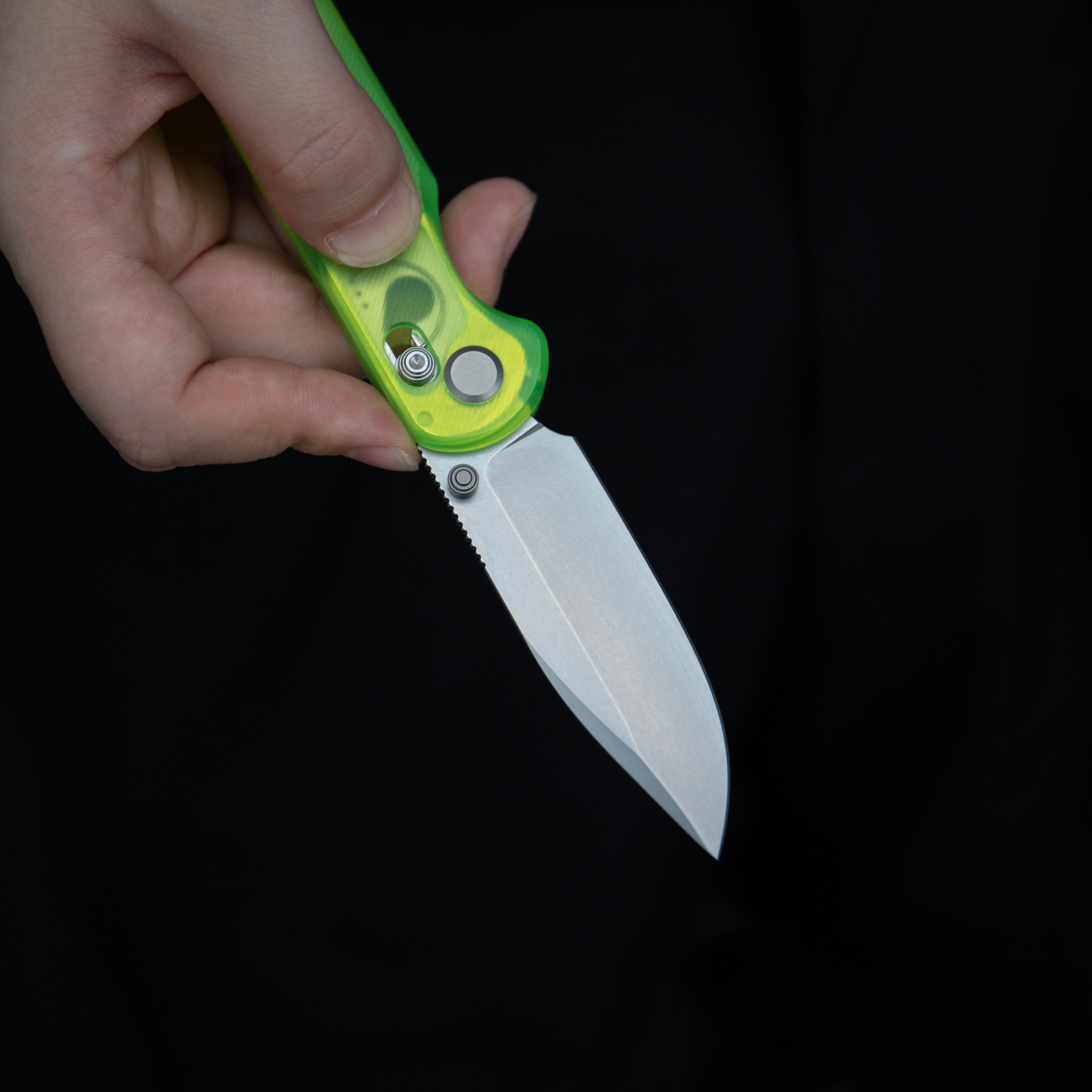 Blade HQ Exclusives SKU : GEO Knife Ethereal Cutter Axis lock Folding Knife Green Acrylic Handle 3.0" Stonewash CPM S90V Blade GEO2402O