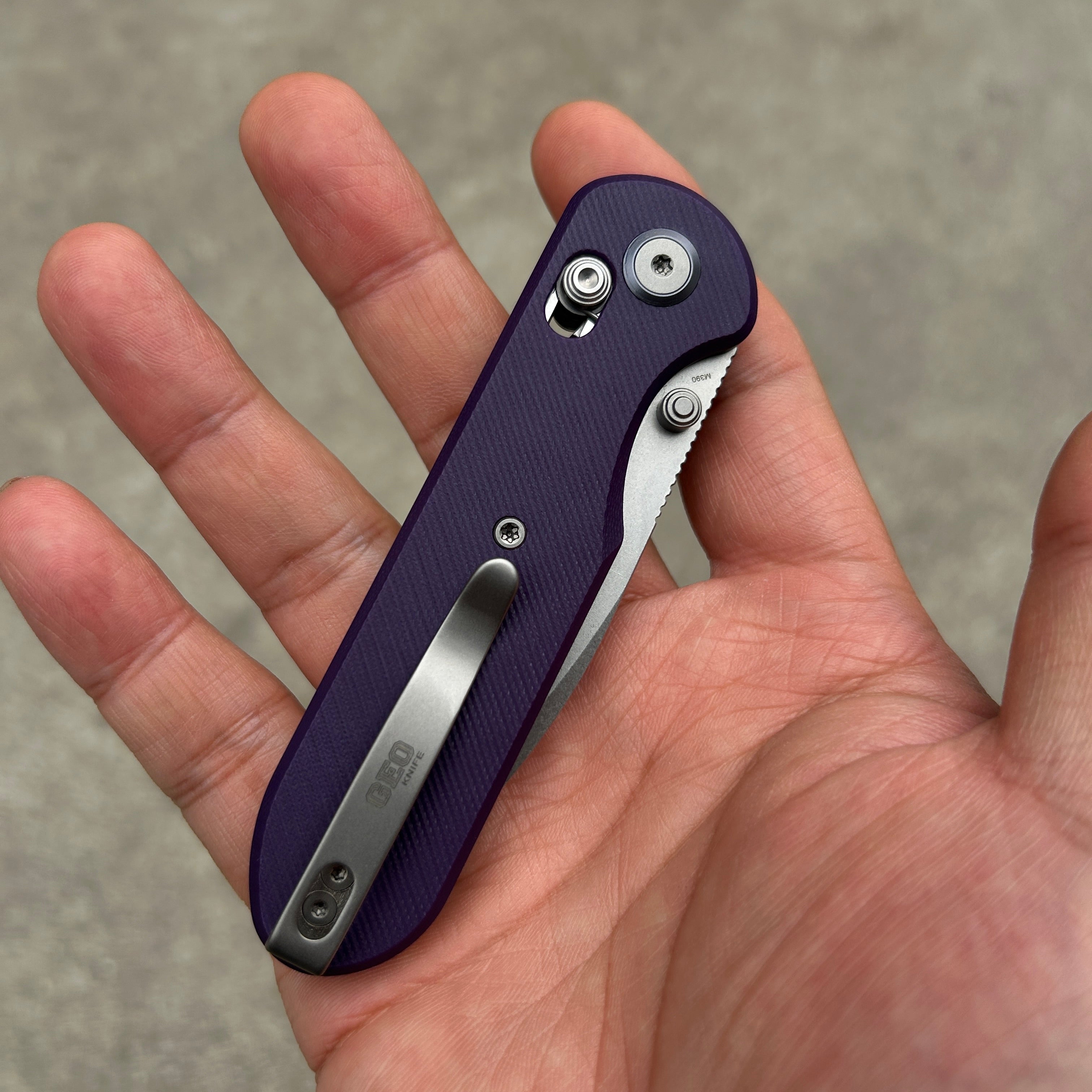 (Pre-order) : Geo knife Ethereal Cutter Axis lock Folding Knife Purple G10 Handle 3.03" Stonewash Bohler M390 Blade GEO2402L