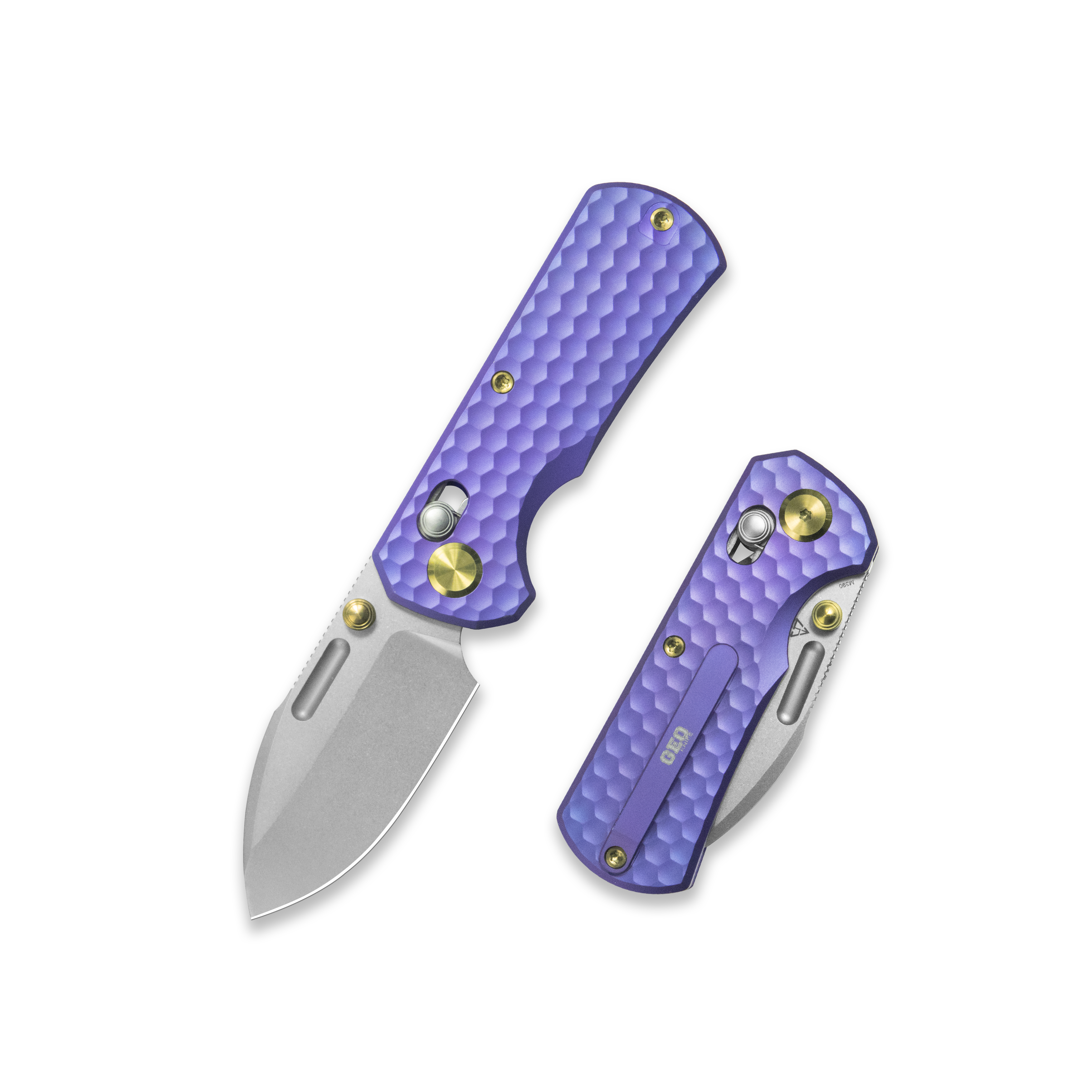 GEO Knife Belluf Crossbar lock Folding Knife Purple 6AL4V Titanium Handle 2.4" Stonewash Bohler M390 Blade GEO2508J