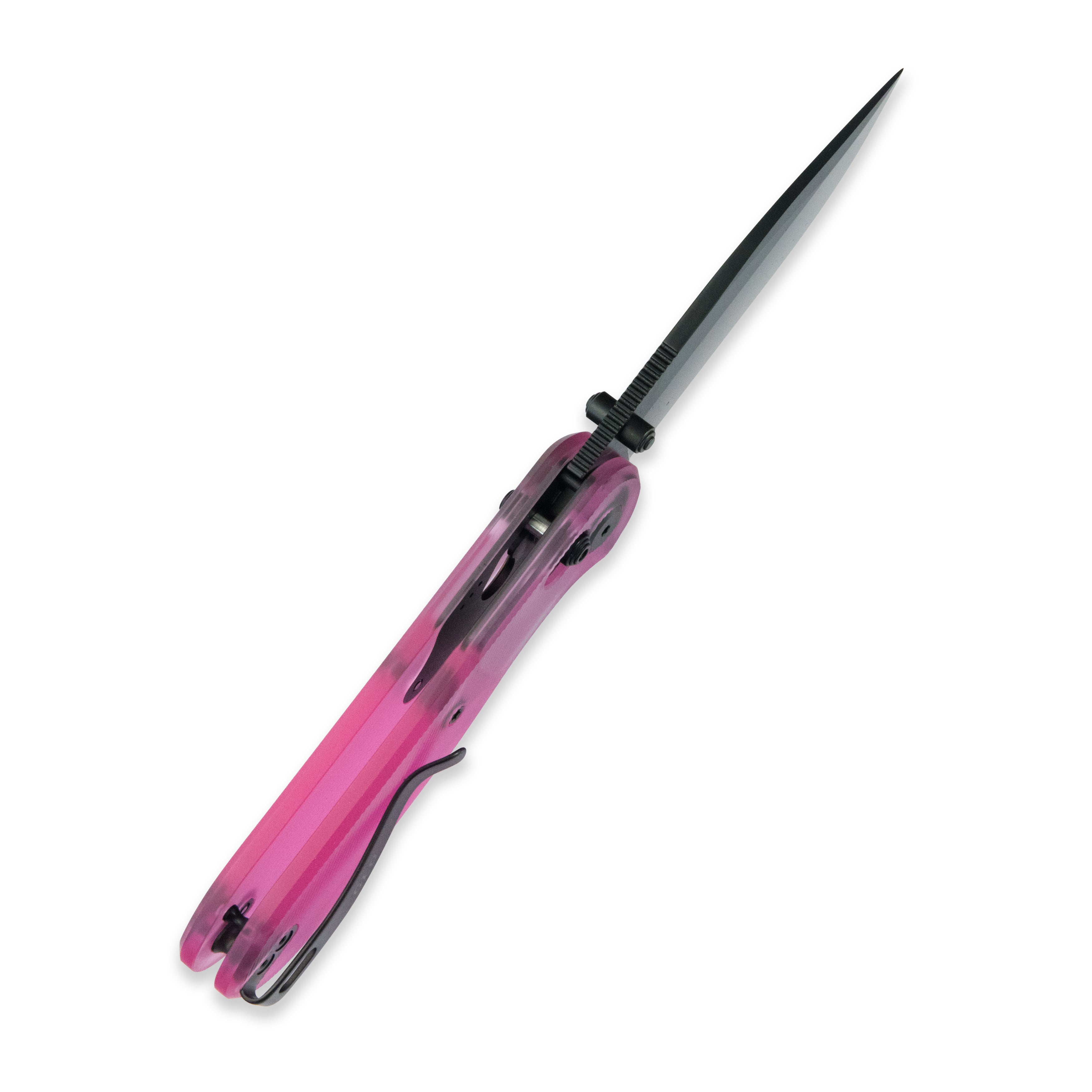 Blade HQ Exclusives SKU : GEO Knife Ethereal Cutter Crossbar lock Folding Knife Pink Acrylic Handle 3.0" Black DLC CPM S90V Blade GE02402-1B