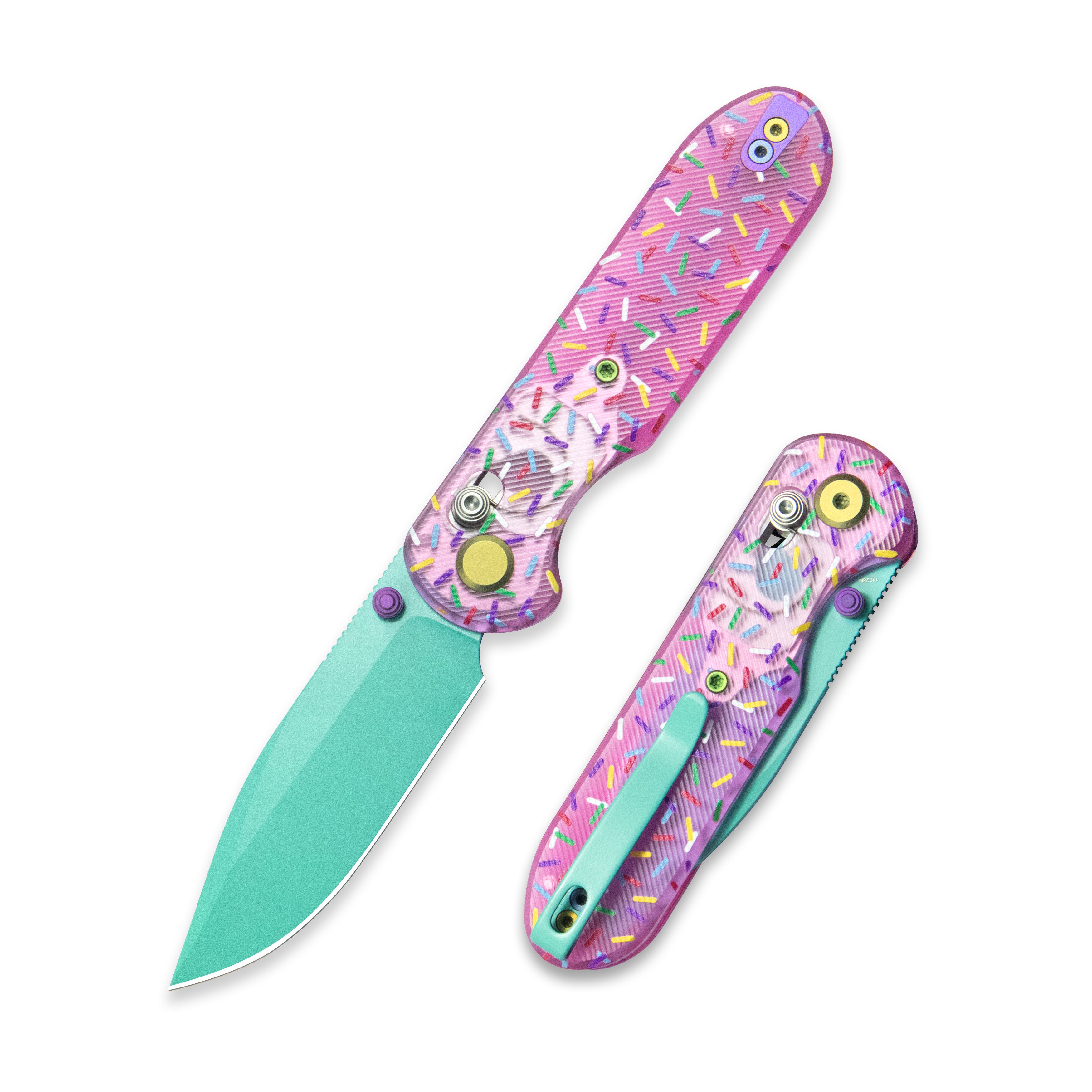 Blade HQ Exclusives SKU : GEO Knife Dessert Warrior Ethereal Cutter Crossbar lock Folding Knife Pink Acrylic UV printing the sprinkles Handle 3.0" Blue ceramic-coated 14C28N Blade GEO2402-1C