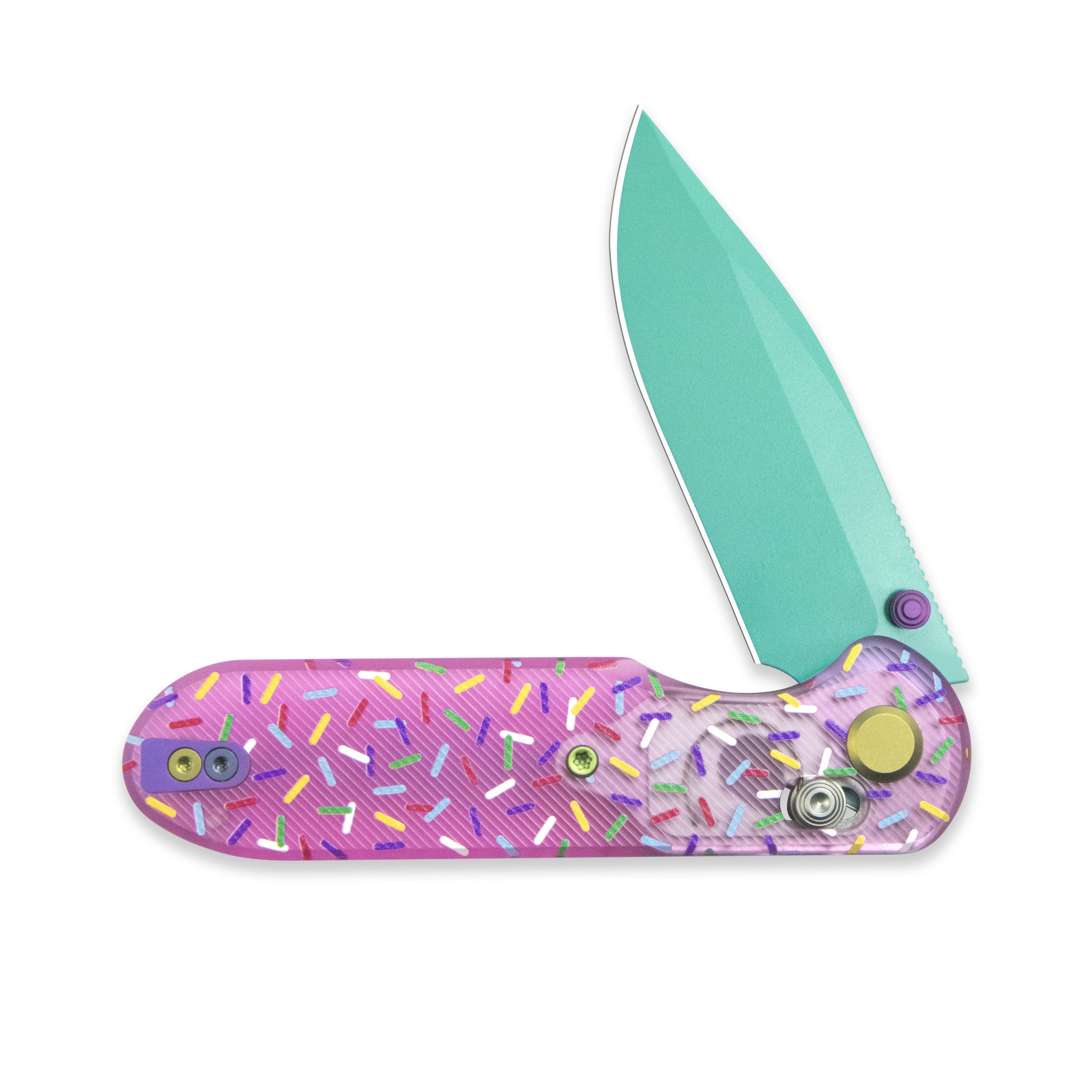 Blade HQ Exclusives SKU : GEO Knife Dessert Warrior Ethereal Cutter Crossbar lock Folding Knife Pink Acrylic UV printing the sprinkles Handle 3.0" Blue ceramic-coated 14C28N Blade GEO2402-1C