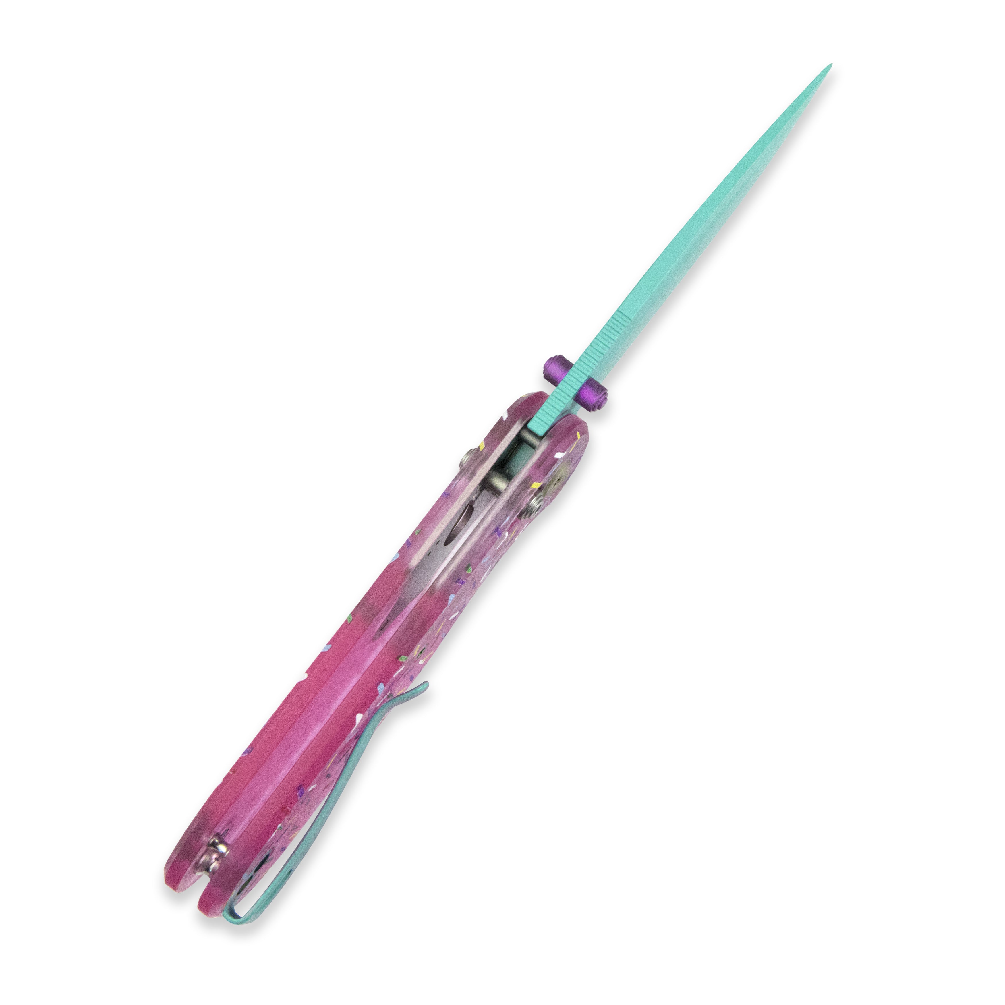 Blade HQ Exclusives SKU : GEO Knife Dessert Warrior Ethereal Cutter Crossbar lock Folding Knife Pink Acrylic UV printing the sprinkles Handle 3.0" Blue ceramic-coated 14C28N Blade GEO2402-1C