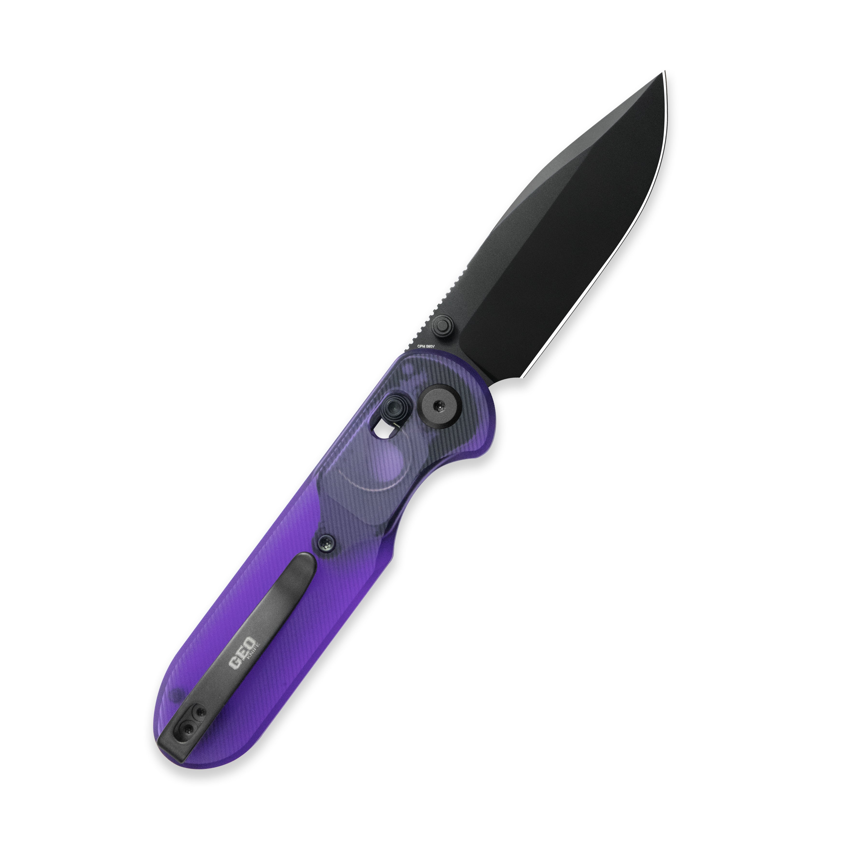 Blade HQ Exclusives SKU : GEO Knife Ethereal Cutter Crossbar lock Folding Knife Purple Acrylic Handle 3.0" Black DLC CPM S90V Blade GEO2402X