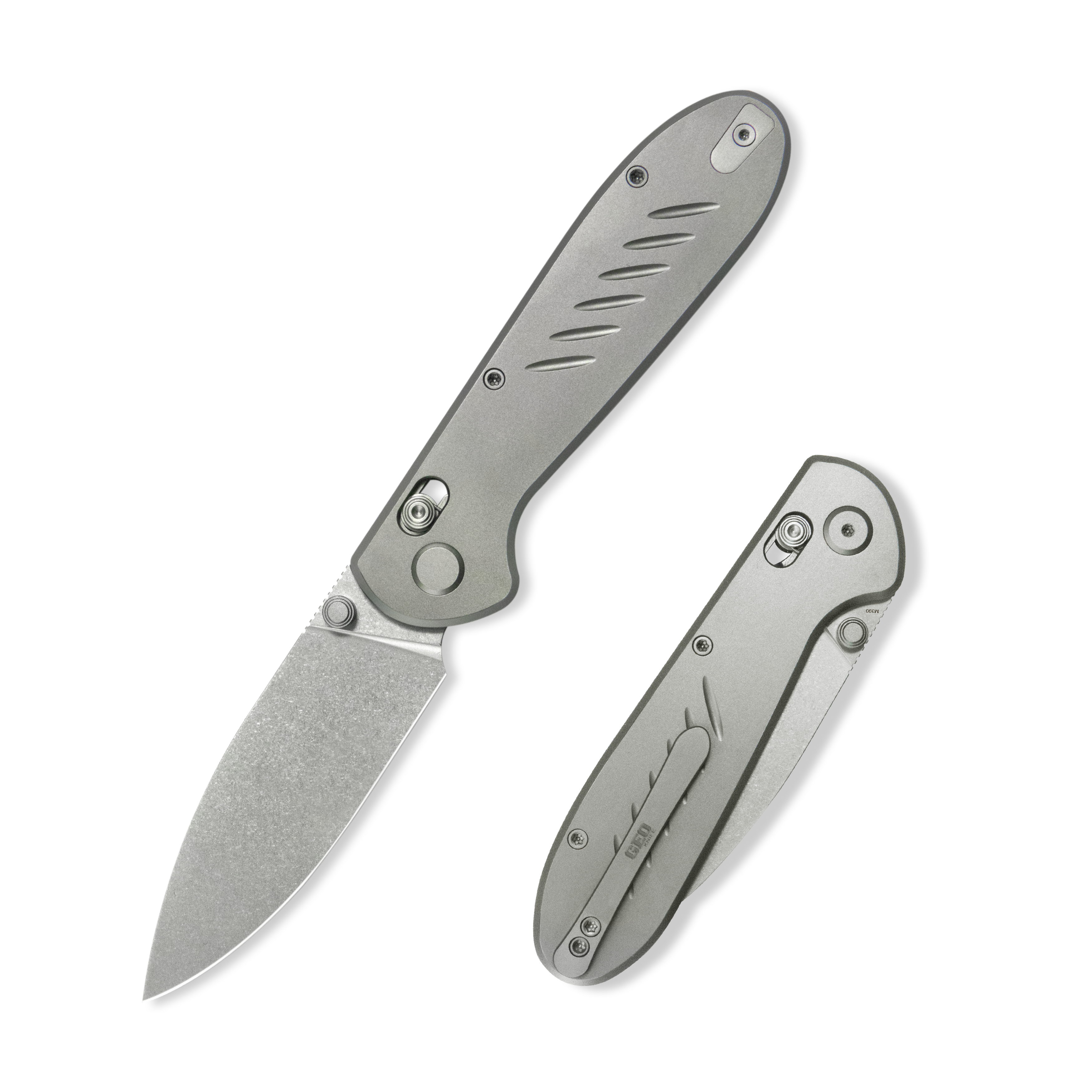 Geo knife Frost Axis lock Folding Knife Gray 6AL4V Titanium Handle 3.4" Stonewash Bohler M390 Blade GEO2501A