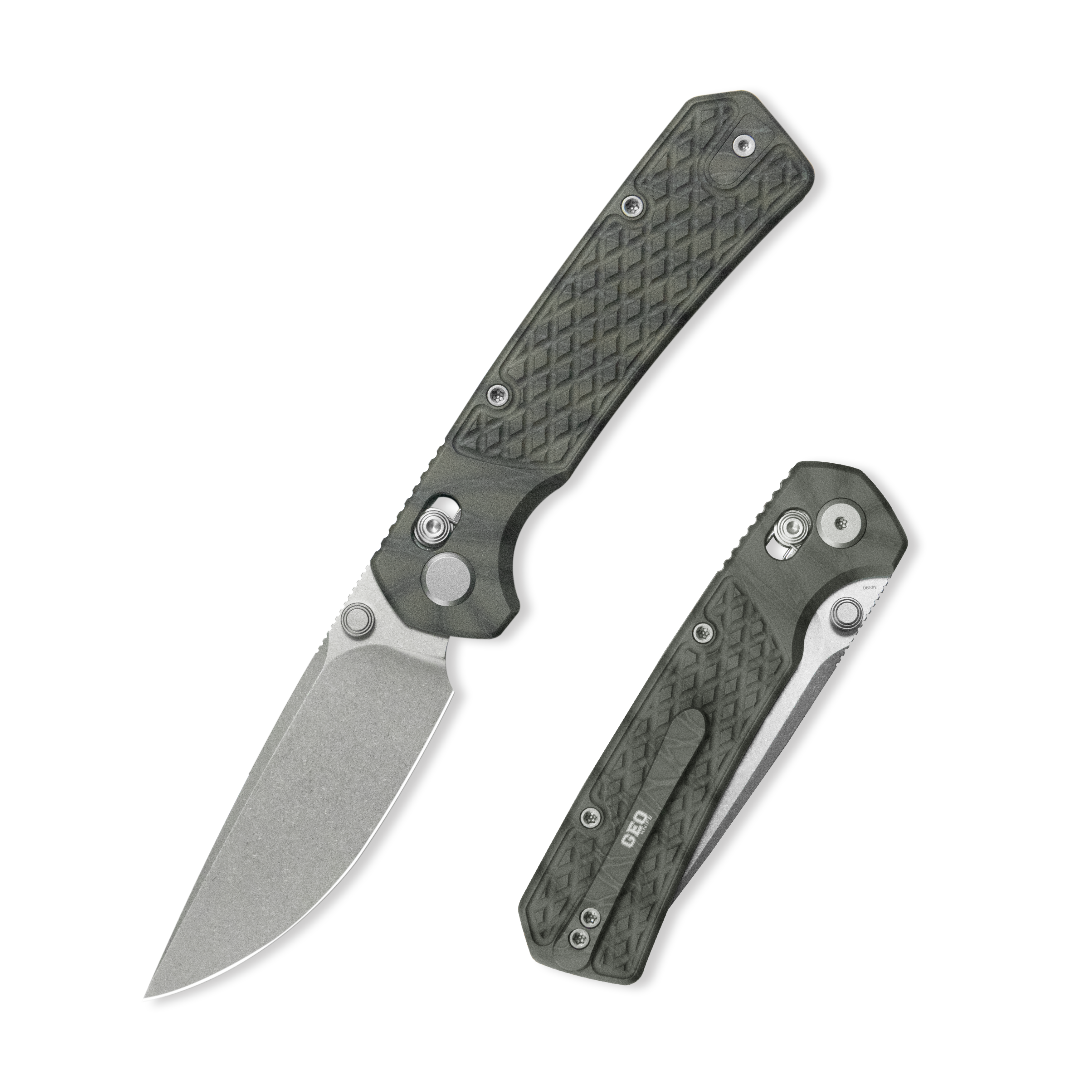 (Pre-order) : Geo knife Blaze Axis lock Folding Knife Tiger Stripe Pattern Flamed  6AL4V Titanium Handle 3.4" Stonewash Bohler M390 Blade GEO2502C