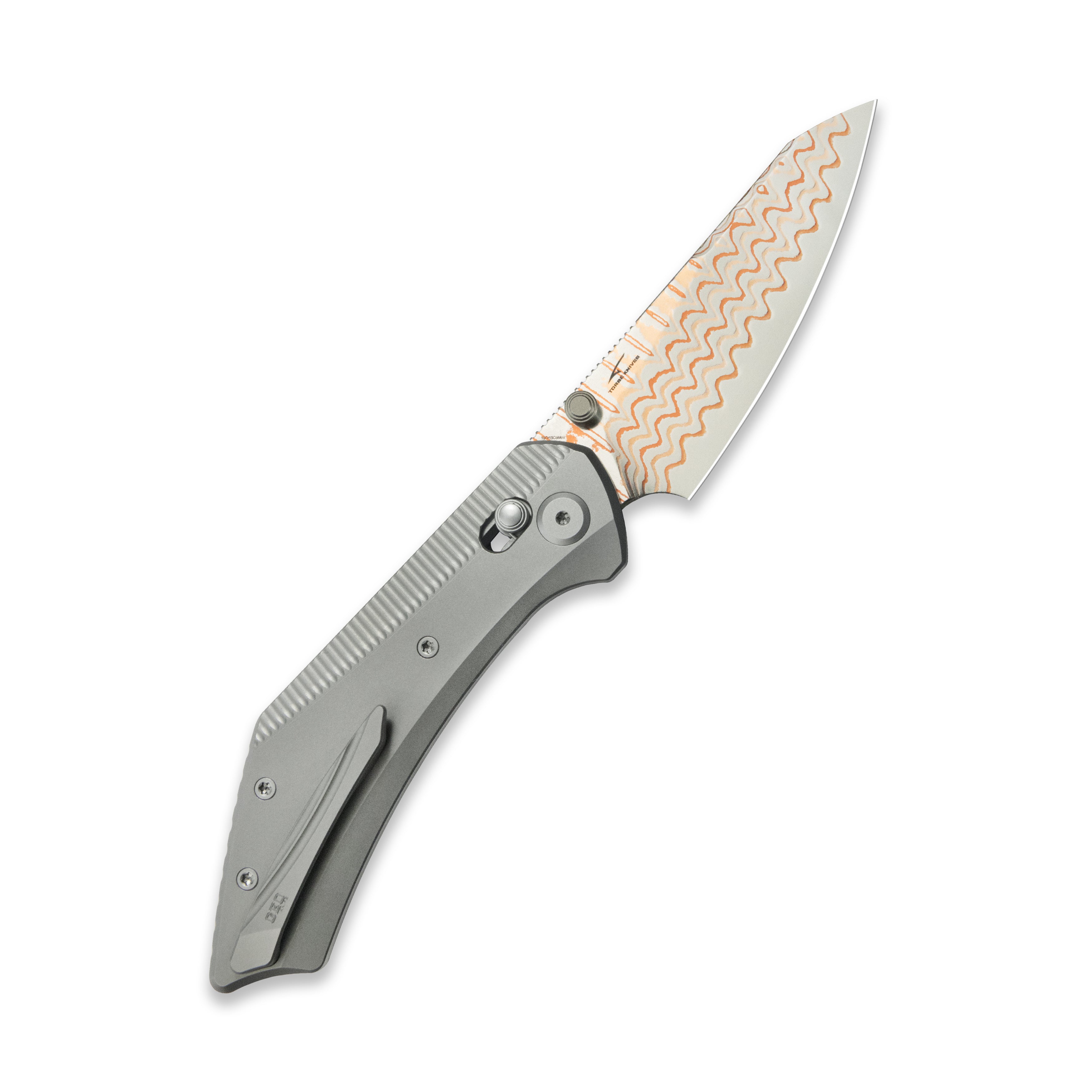 GEO Knife DIVID Axis lock Folding Knife Gray 6AL4V Titanium Handle 3.1" Damascus Steel & Copper Blade（10Cr15CoMoV) GEO2507A