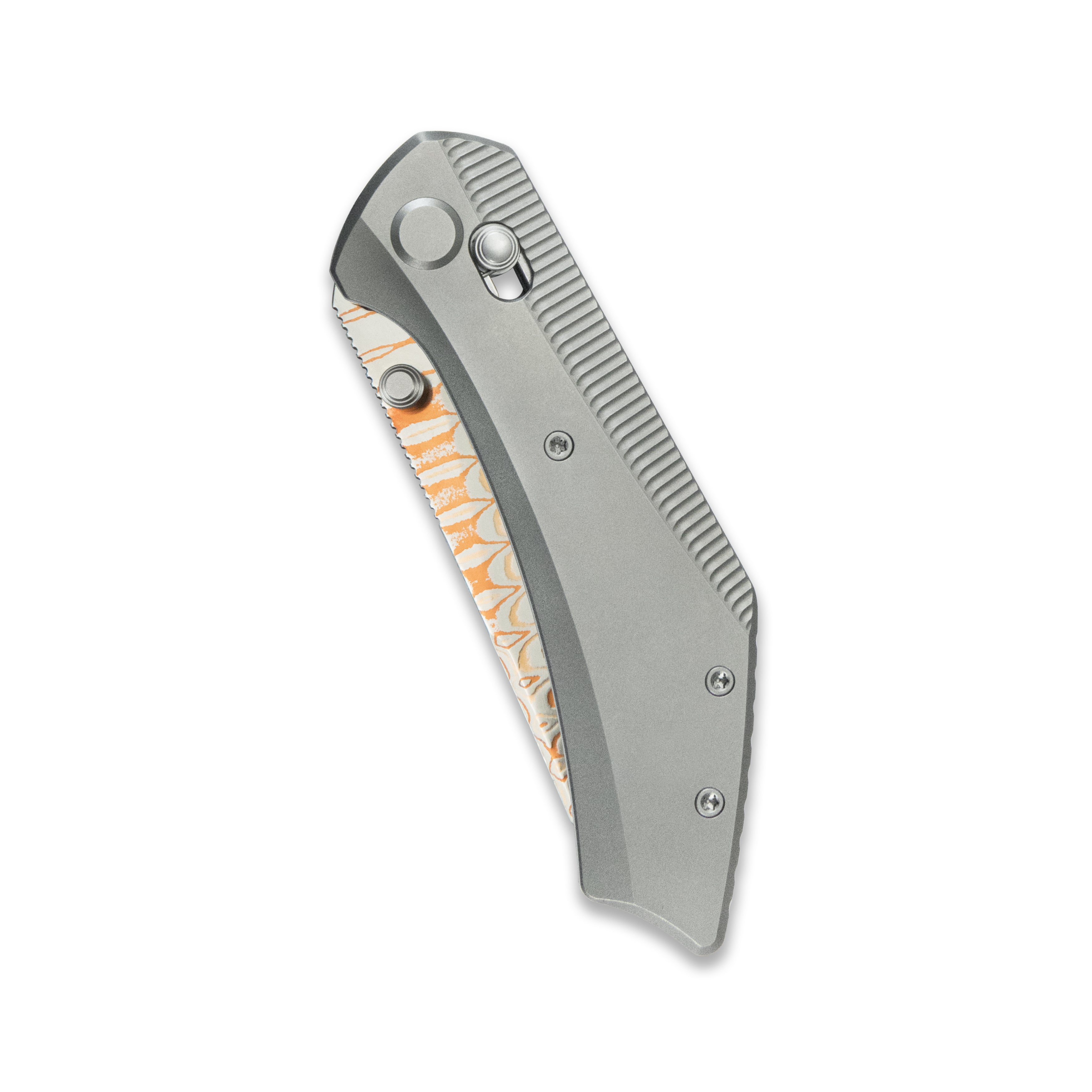 GEO Knife DIVID Axis lock Folding Knife Gray 6AL4V Titanium Handle 3.1" Damascus Steel & Copper Blade（10Cr15CoMoV) GEO2507A