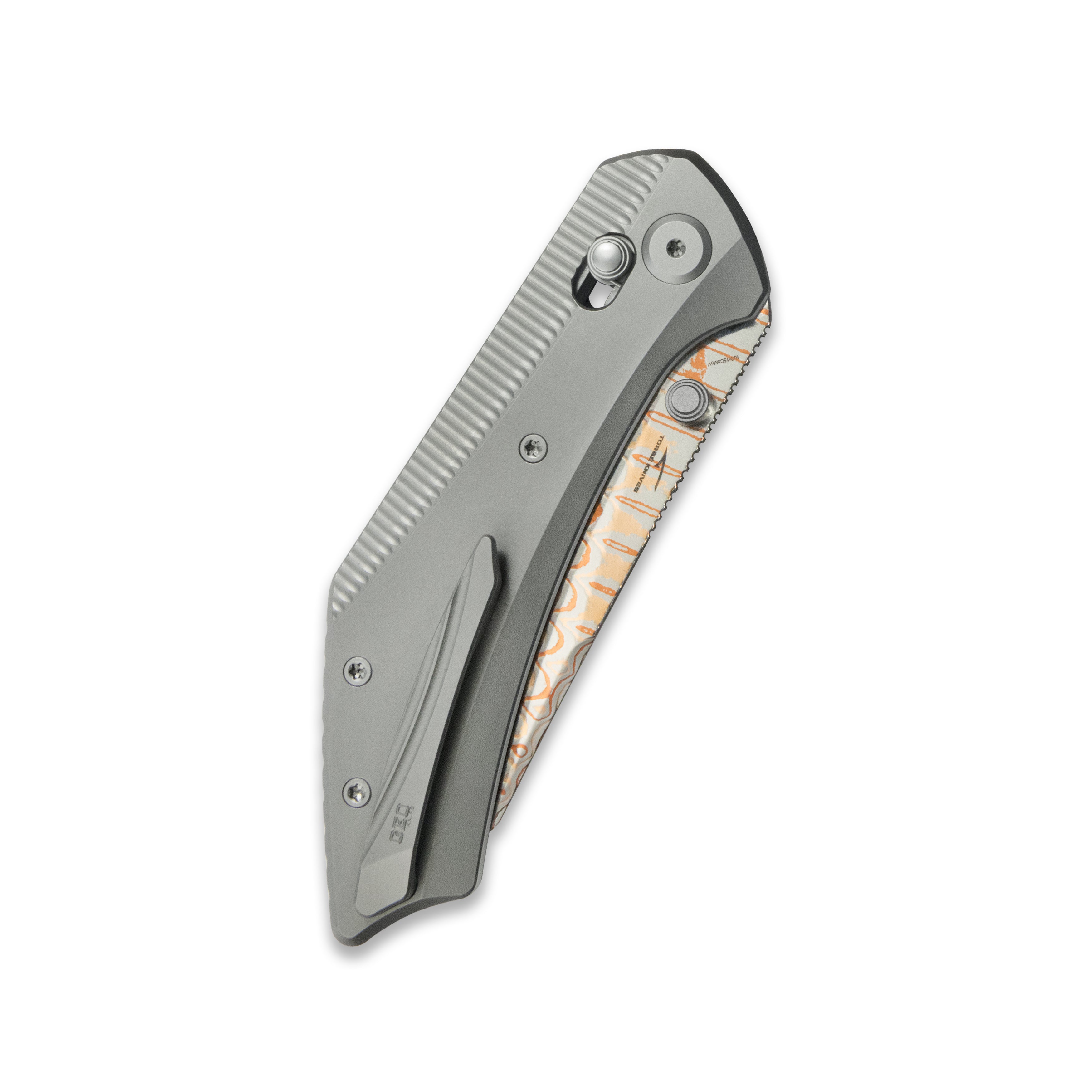 GEO Knife DIVID Axis lock Folding Knife Gray 6AL4V Titanium Handle 3.1" Damascus Steel & Copper Blade（10Cr15CoMoV) GEO2507A