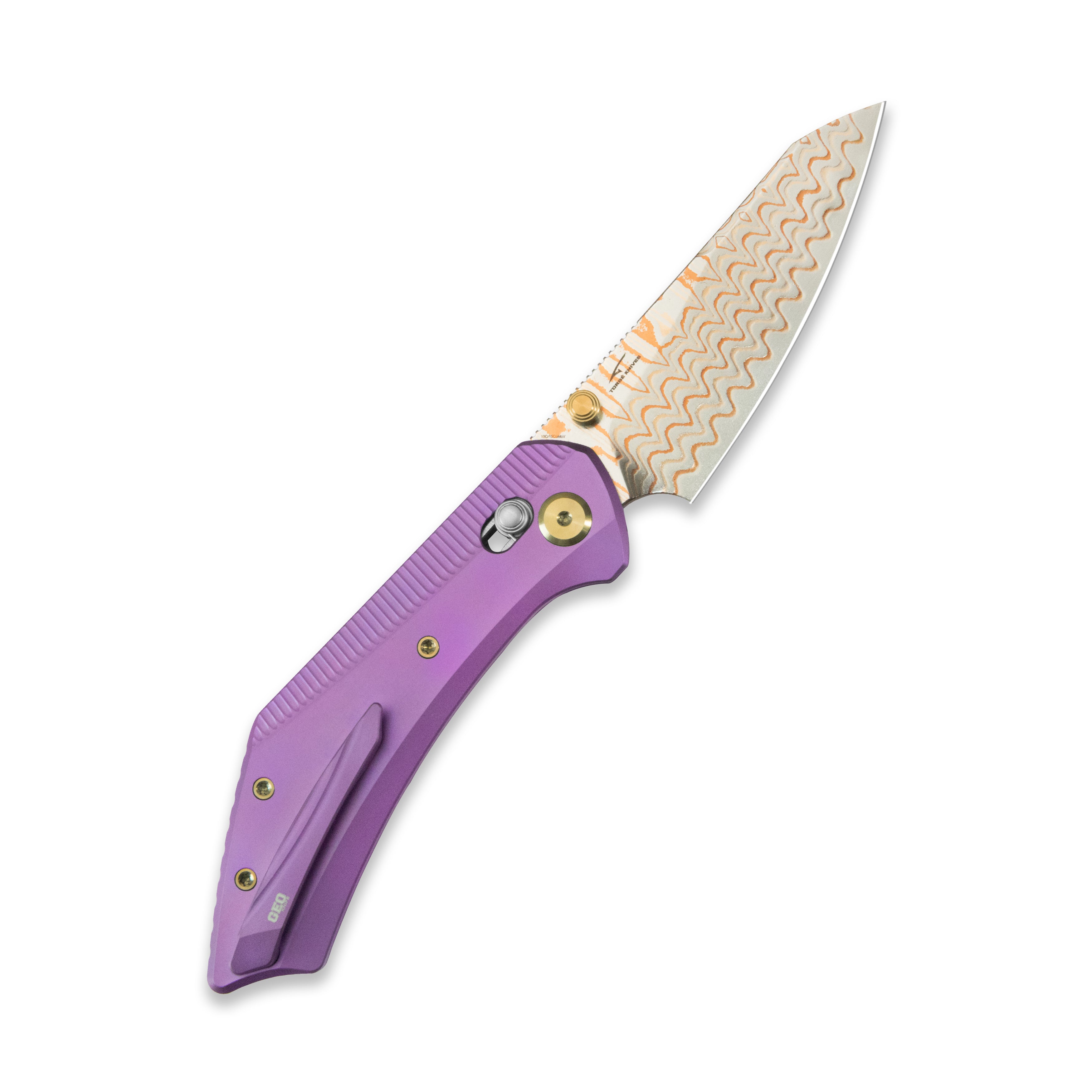GEO Knife DIVID Axis lock Folding Knife Purple 6AL4V Titanium Handle 3.1" Damascus Steel & Copper Blade（10Cr15CoMoV) GEO2507C