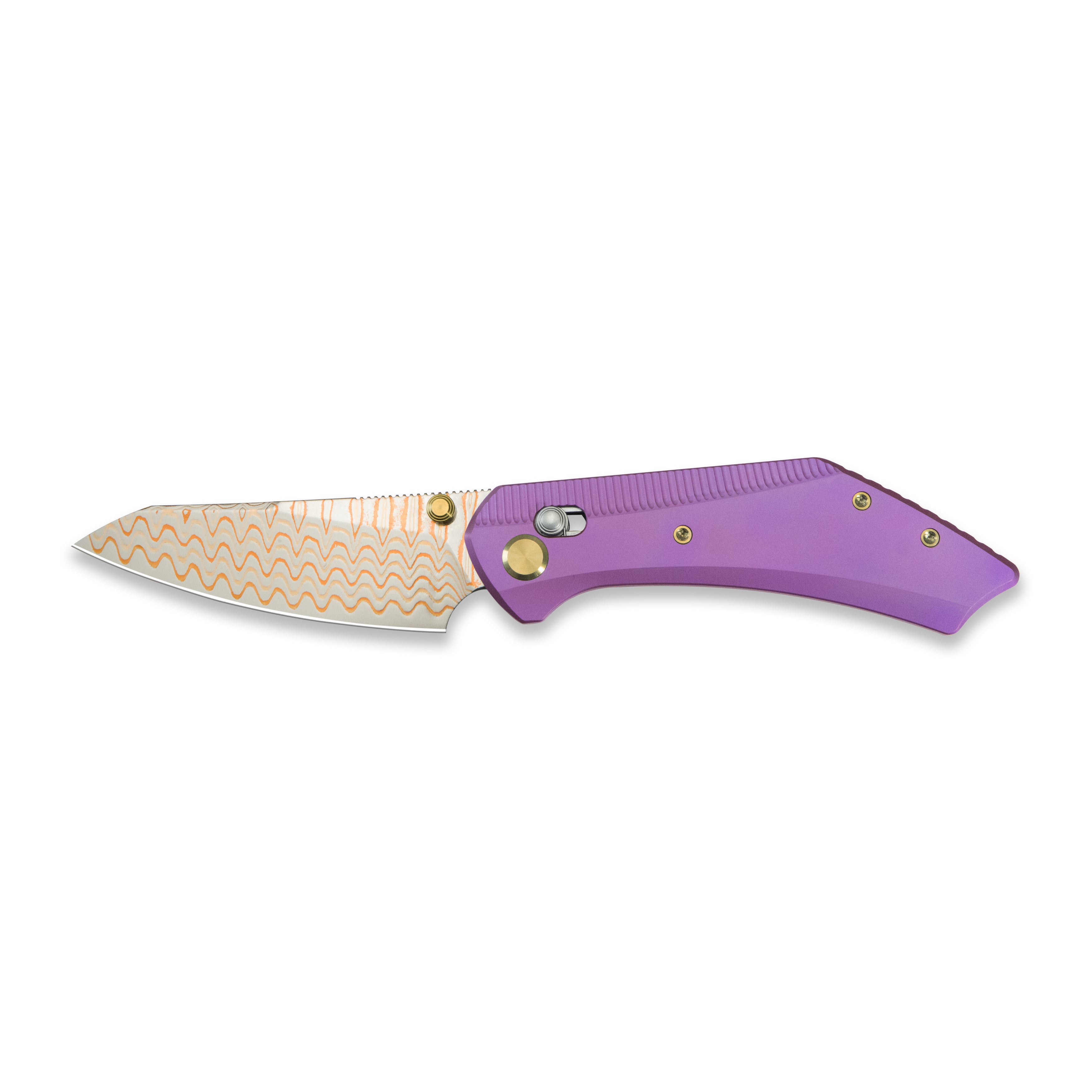GEO Knife DIVID Axis lock Folding Knife Purple 6AL4V Titanium Handle 3.1" Damascus Steel & Copper Blade（10Cr15CoMoV) GEO2507C