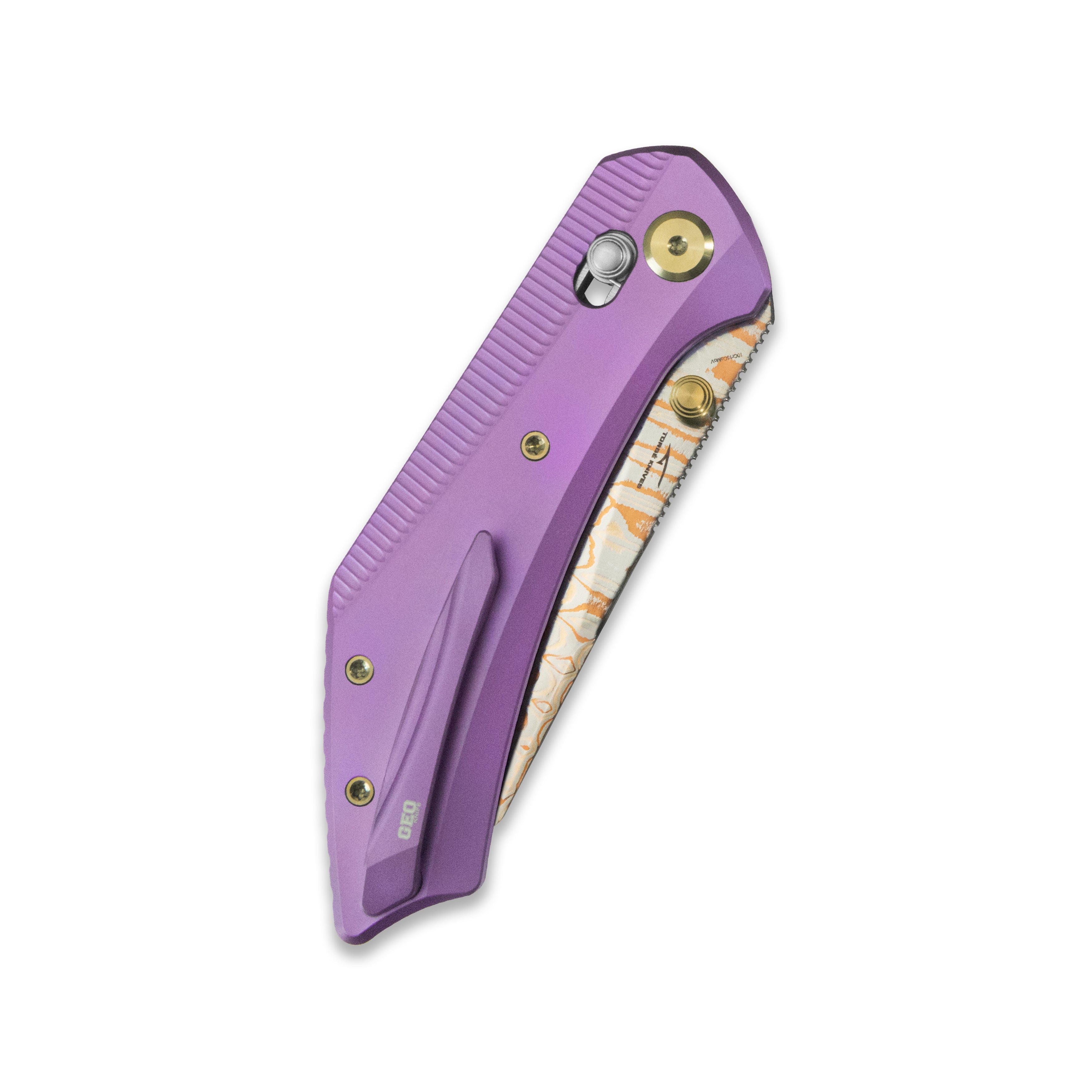 GEO Knife DIVID Axis lock Folding Knife Purple 6AL4V Titanium Handle 3.1" Damascus Steel & Copper Blade（10Cr15CoMoV) GEO2507C