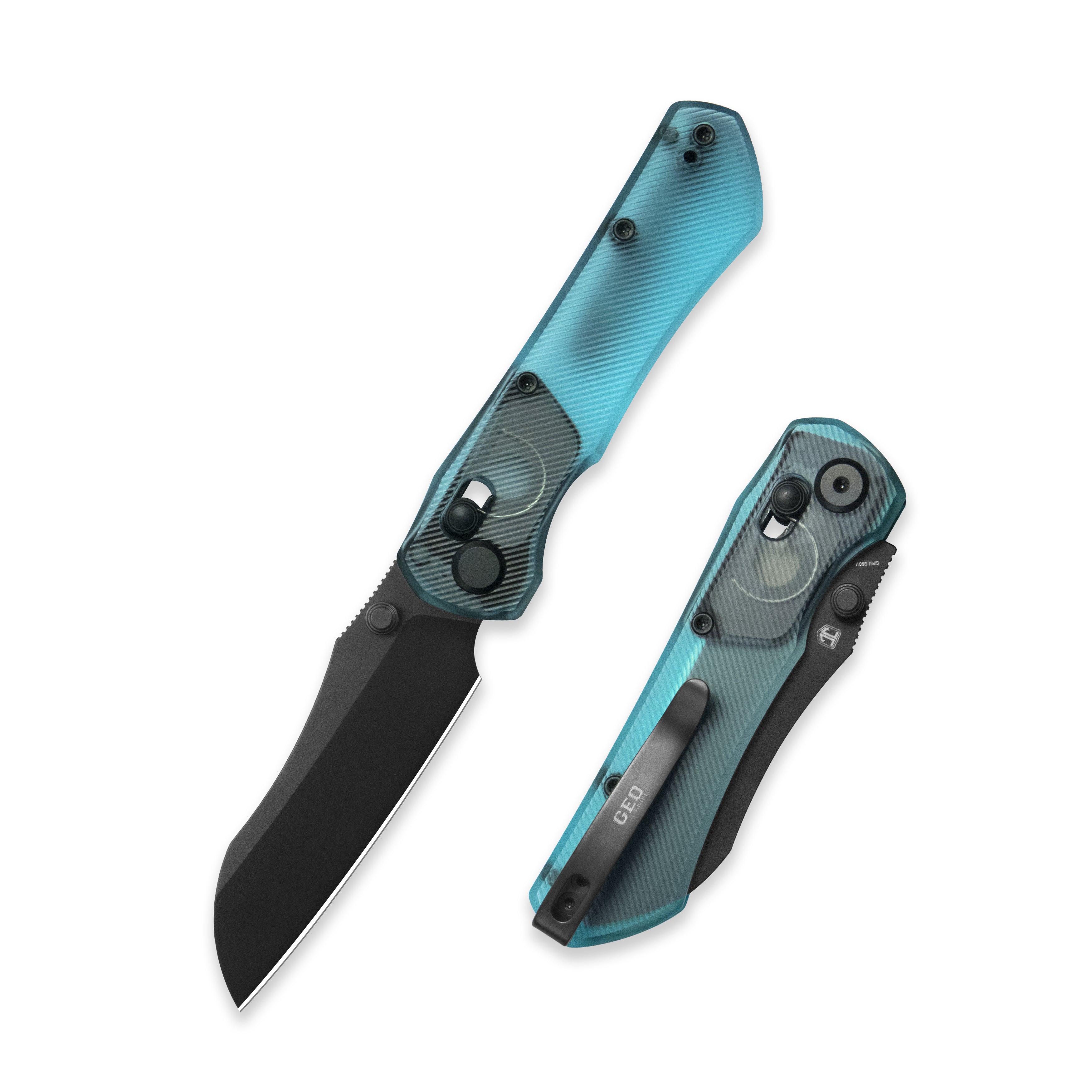 Blade HQ Exclusives SKU : GEO Knife Komodo Crossbar lock Folding Knife Blue Acrylic Handle 3.1" Black DLC CPM S90V Blade GEO2509O